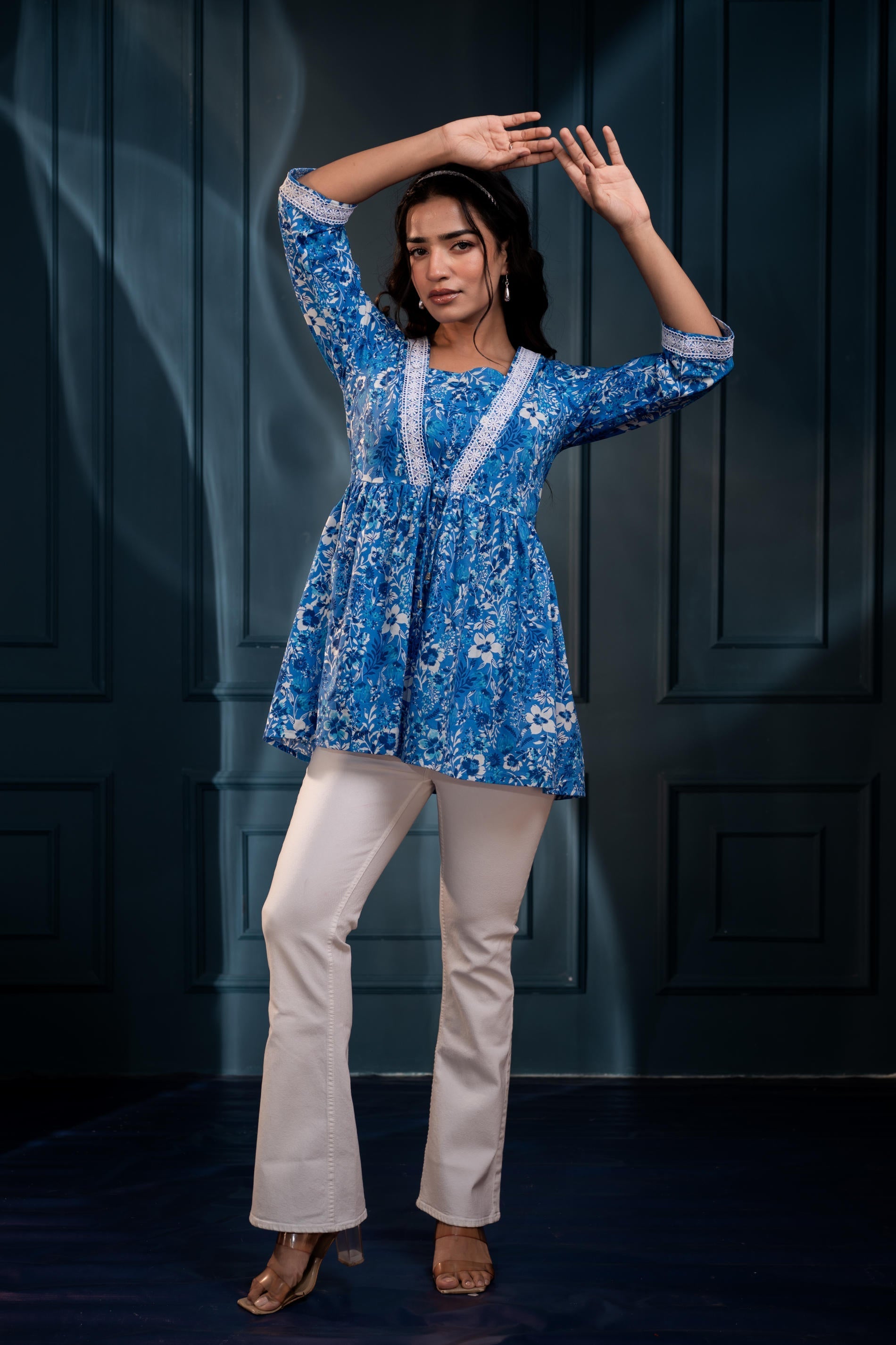 Blue & White Floral Printed Viscose Tunic with Lace & Dori Tie | DesiQ