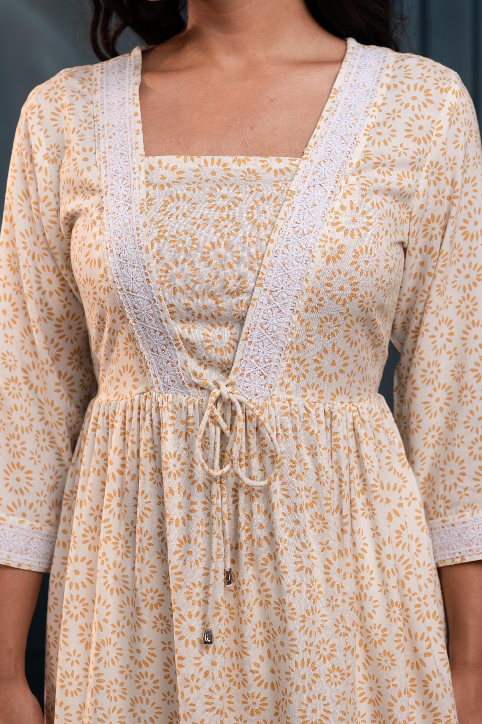 Off-White & Mustard Floral Printed Viscose Tunic with Lace & Dori Tie 