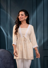 Off-White & Mustard Floral Printed Viscose Tunic with Lace & Dori Tie