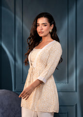 Off-White & Mustard Floral Printed Viscose Tunic with Lace & Dori Tie