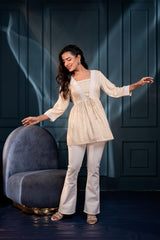 Off-White & Mustard Floral Printed Viscose Tunic with Lace & Dori Tie