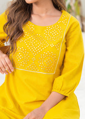 Mustard Embroidered Cotton Kurta-Pant Co-ord Set  With Mirror & Thread Work,