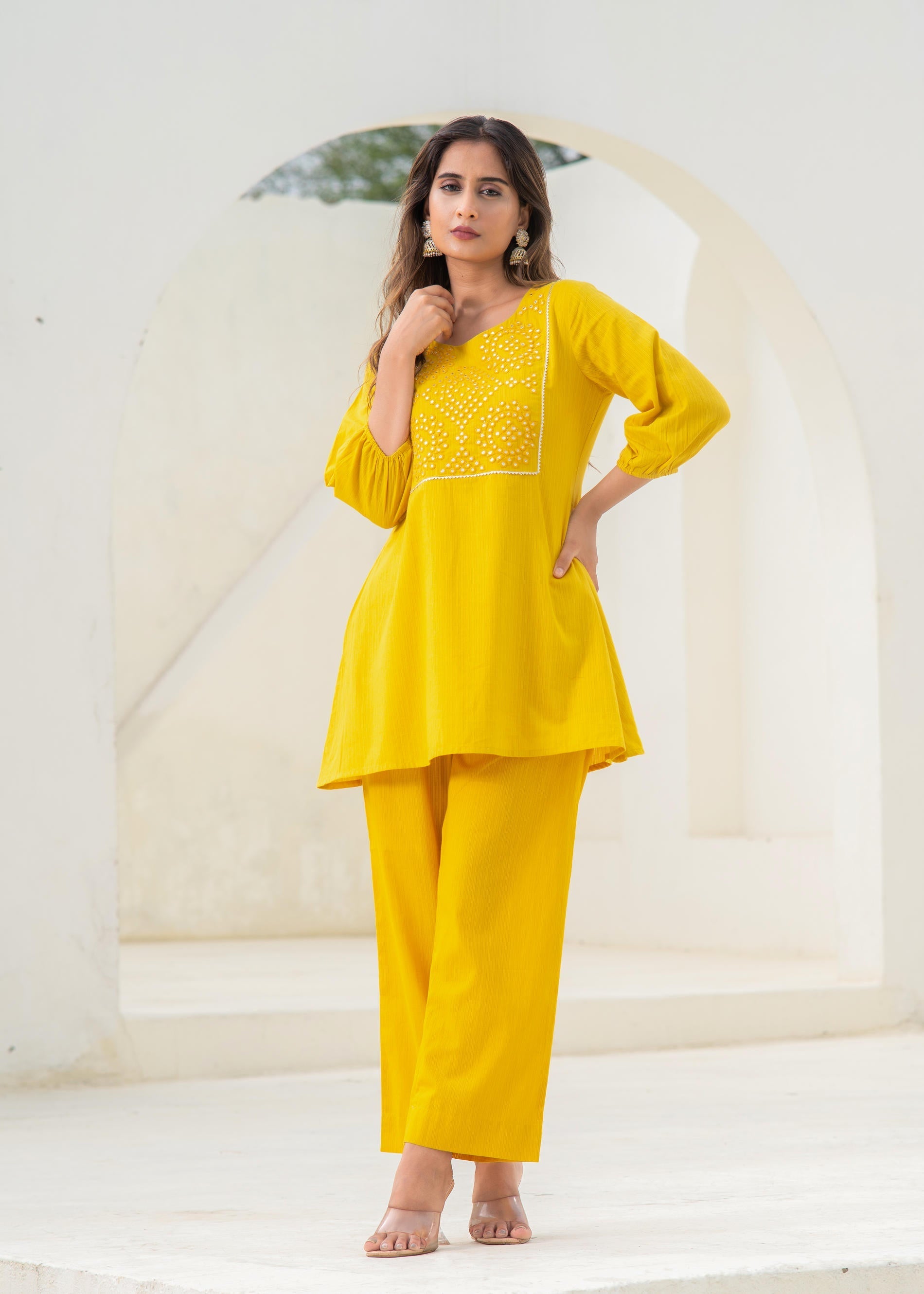 Mustard Embroidered Cotton Kurta-Pant Co-ord Set With Mirror & Thread 