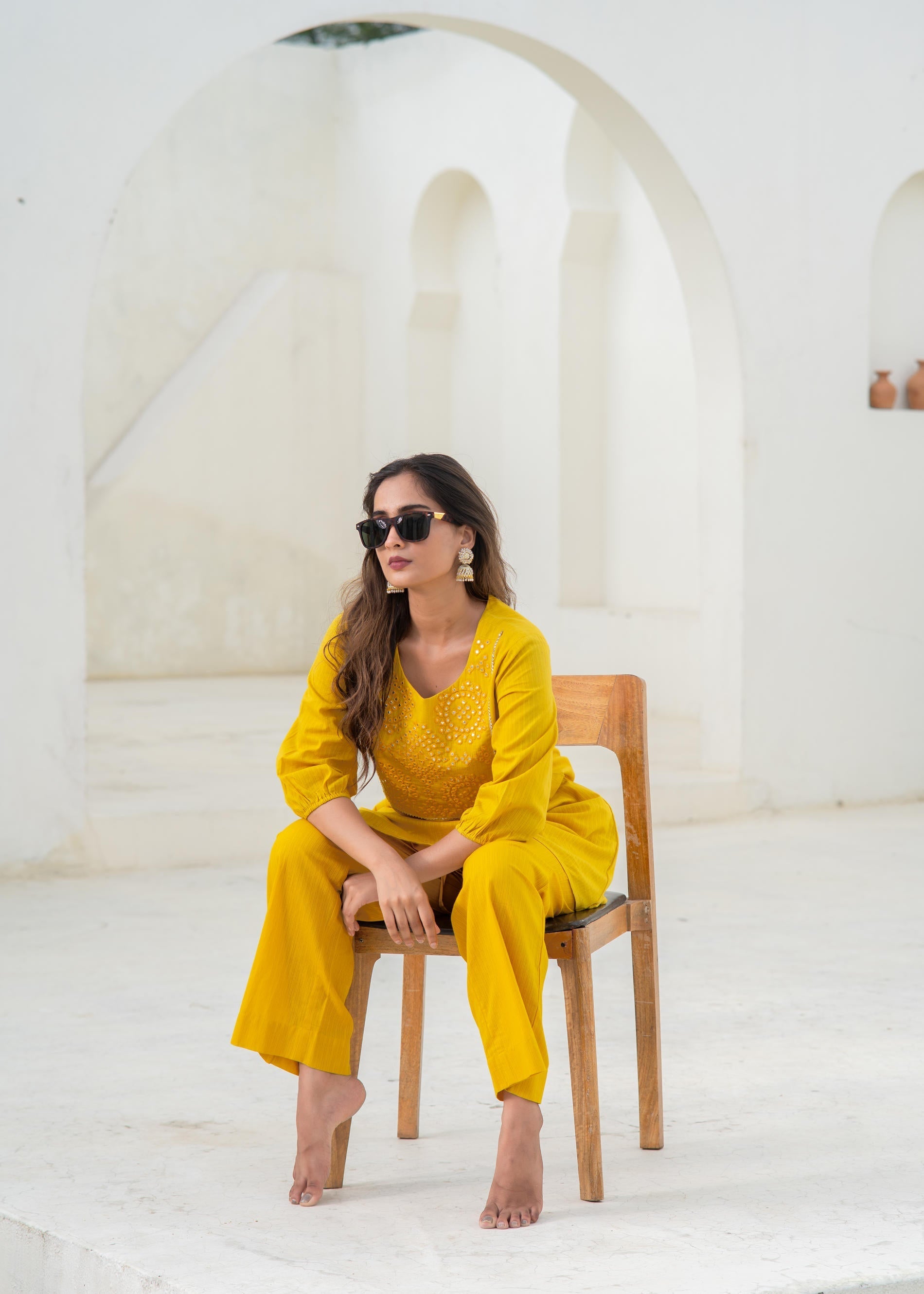 Mustard Embroidered Cotton Kurta-Pant Co-ord Set With Mirror & Thread 