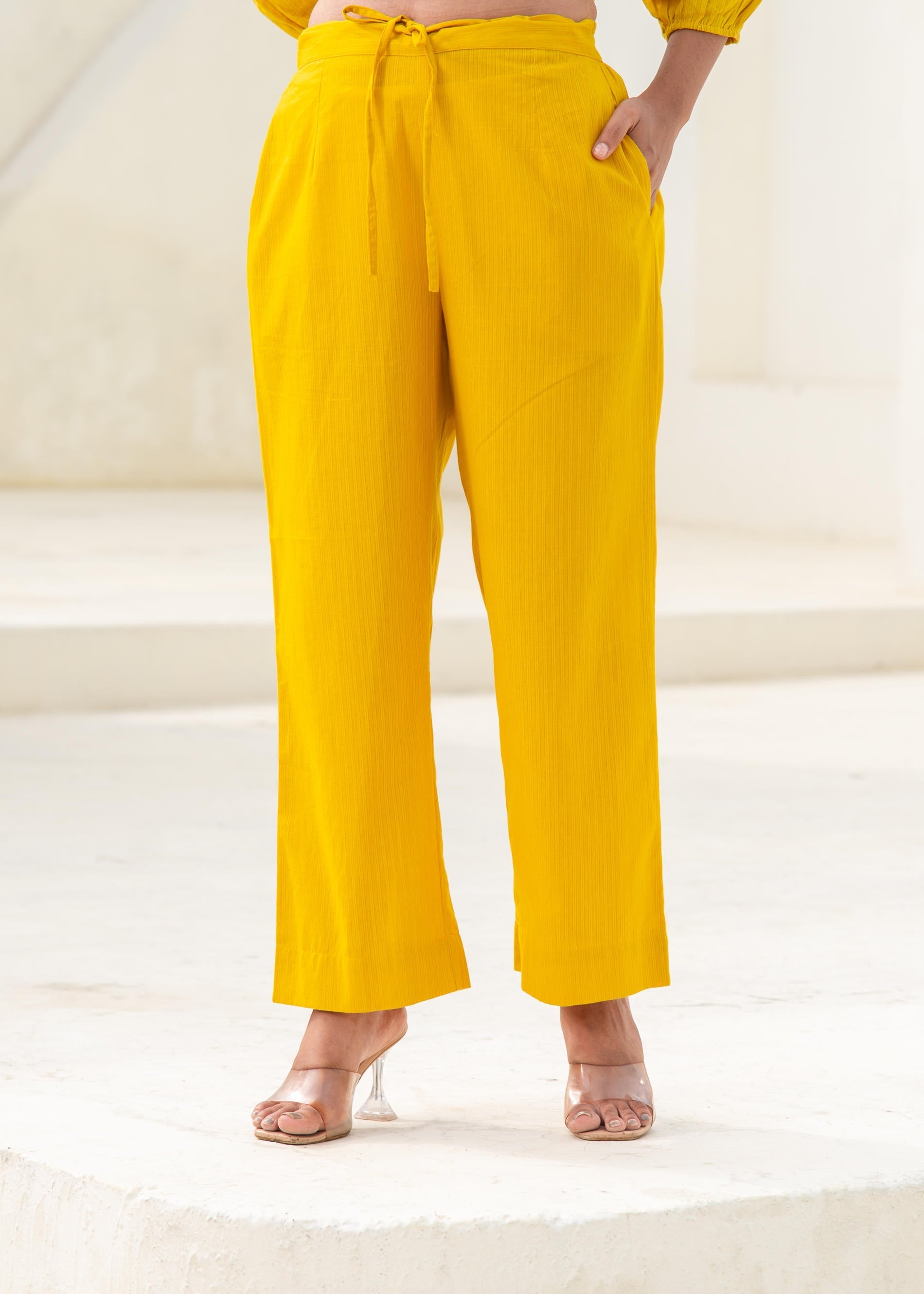 Mustard Embroidered Cotton Kurta-Pant Co-ord Set With Mirror & Thread 