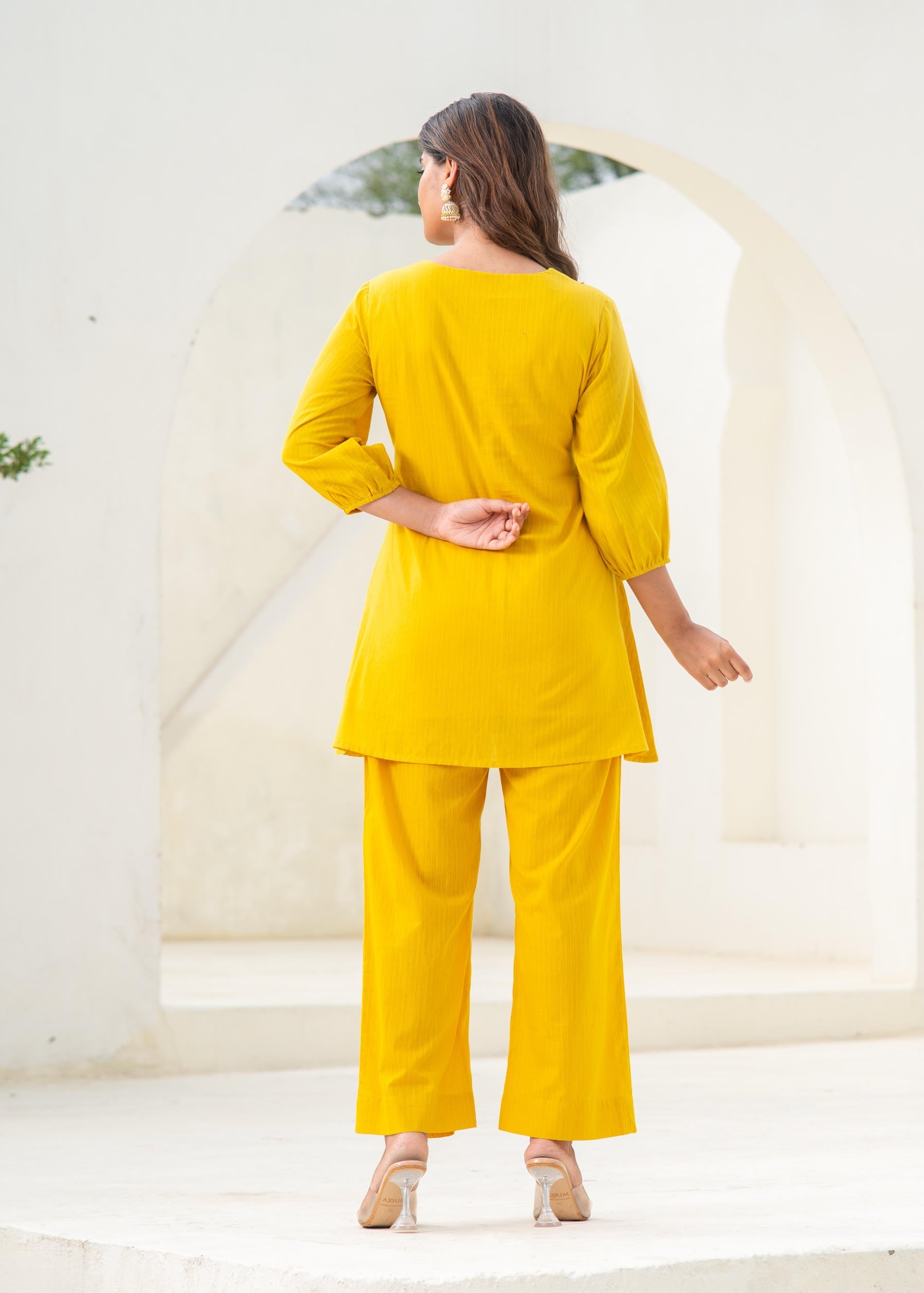 Mustard Embroidered Cotton Kurta-Pant Co-ord Set With Mirror & Thread 
