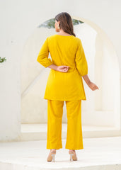 Mustard Embroidered Cotton Kurta-Pant Co-ord Set  With Mirror & Thread Work,