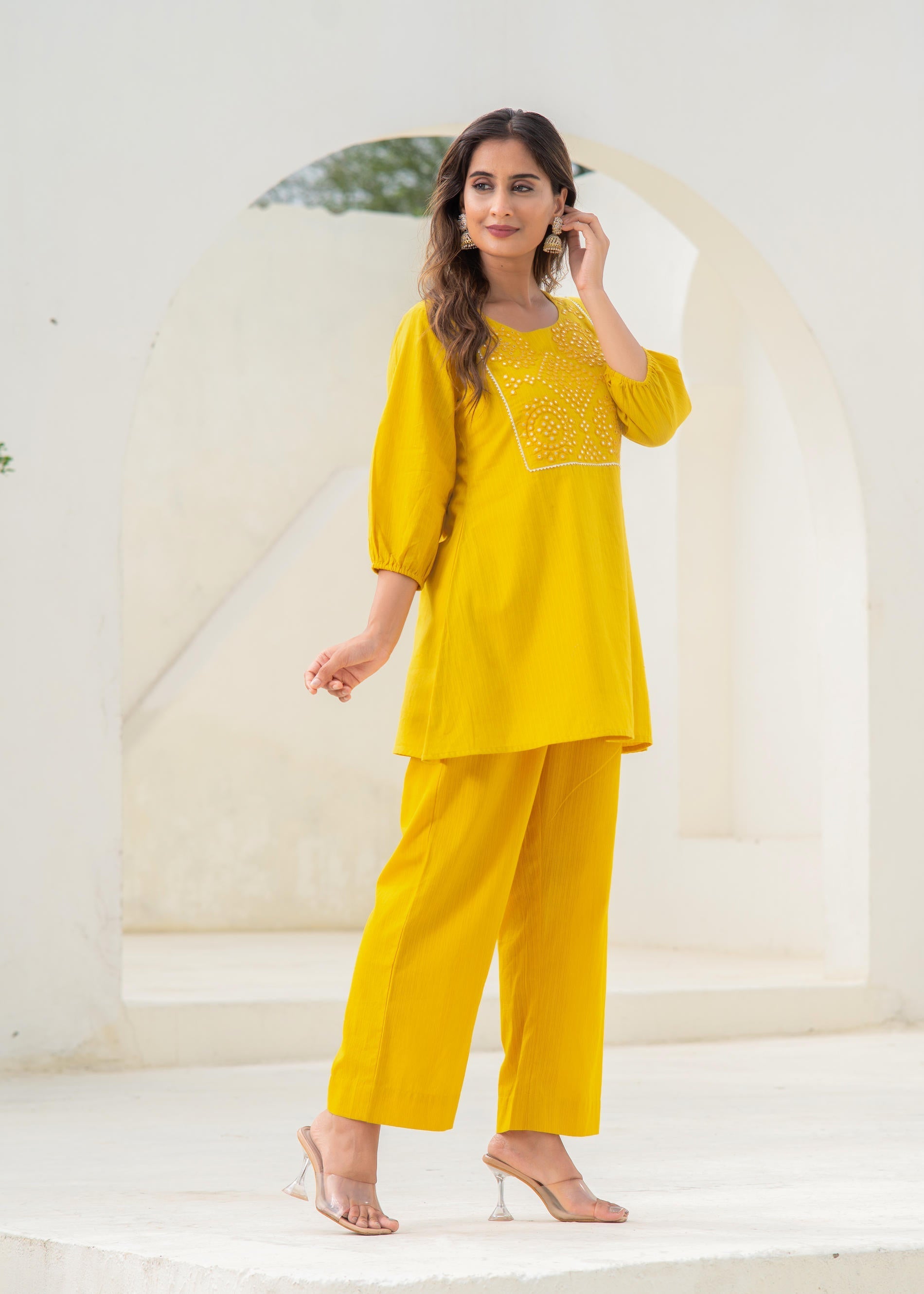 Mustard Embroidered Cotton Kurta-Pant Co-ord Set With Mirror & Thread 