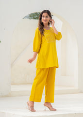 Mustard Embroidered Cotton Kurta-Pant Co-ord Set  With Mirror & Thread Work,