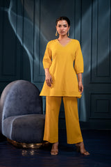 Women's Mustard Striped Cotton Kurta & Pants Co-ord Set with Zari Work