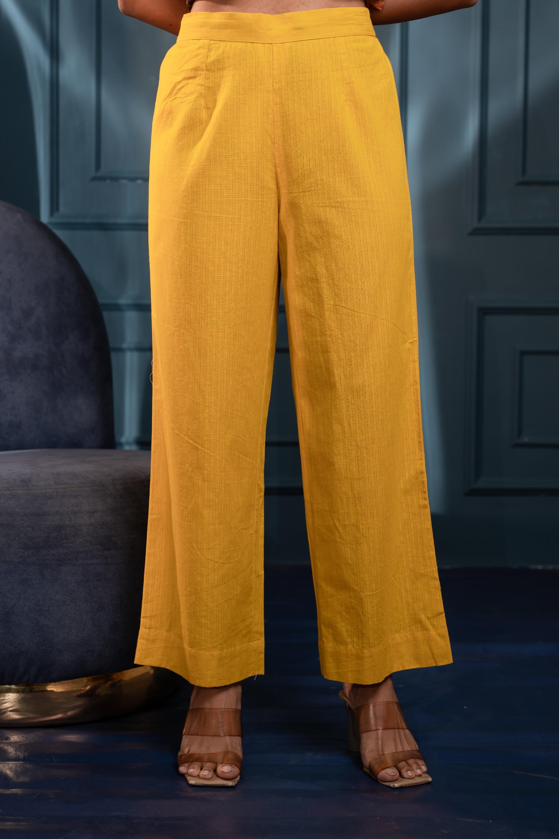 Women's Mustard Striped Cotton Kurta & Pants Co-ord Set with Zari Work