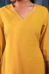 Women's Mustard Striped Cotton Kurta & Pants Co-ord Set with Zari Work