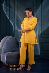 Women's Mustard Striped Cotton Kurta & Pants Co-ord Set with Zari Work