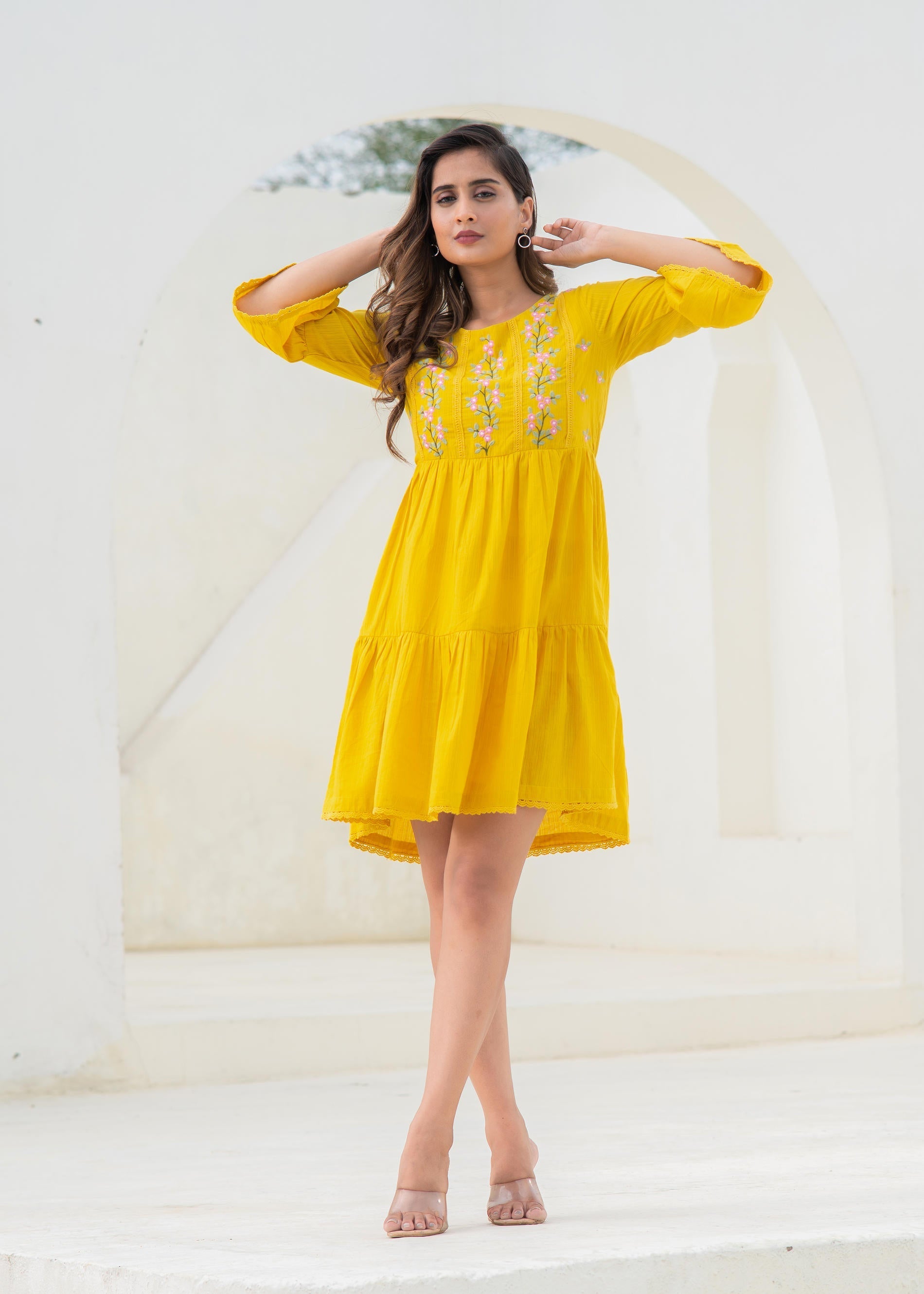 Mustard Embroidered Cotton Tiered Dress – Mirror & Thread Work | DesiQ