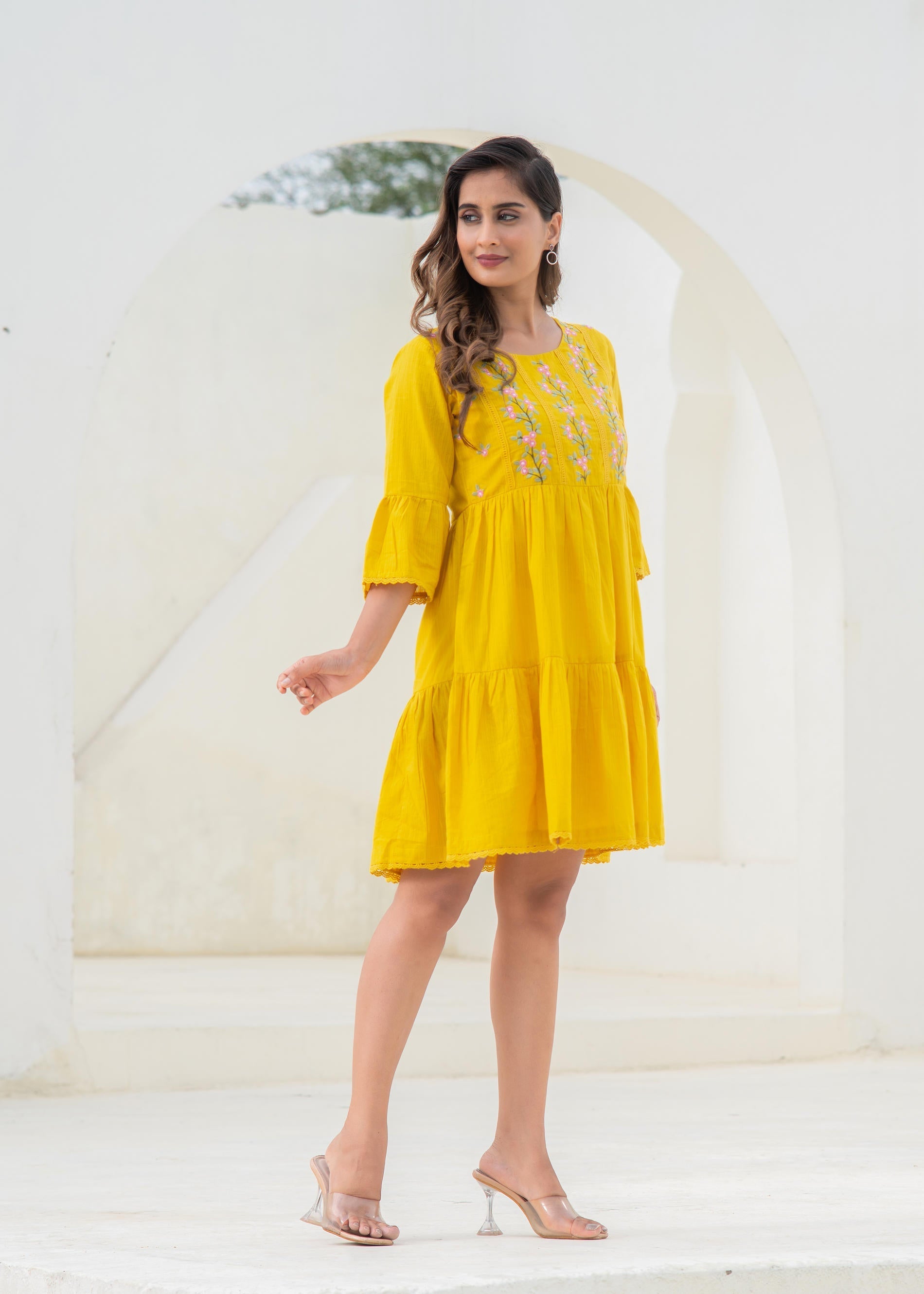 Mustard Embroidered Cotton Tiered Dress – Mirror & Thread Work | DesiQ
