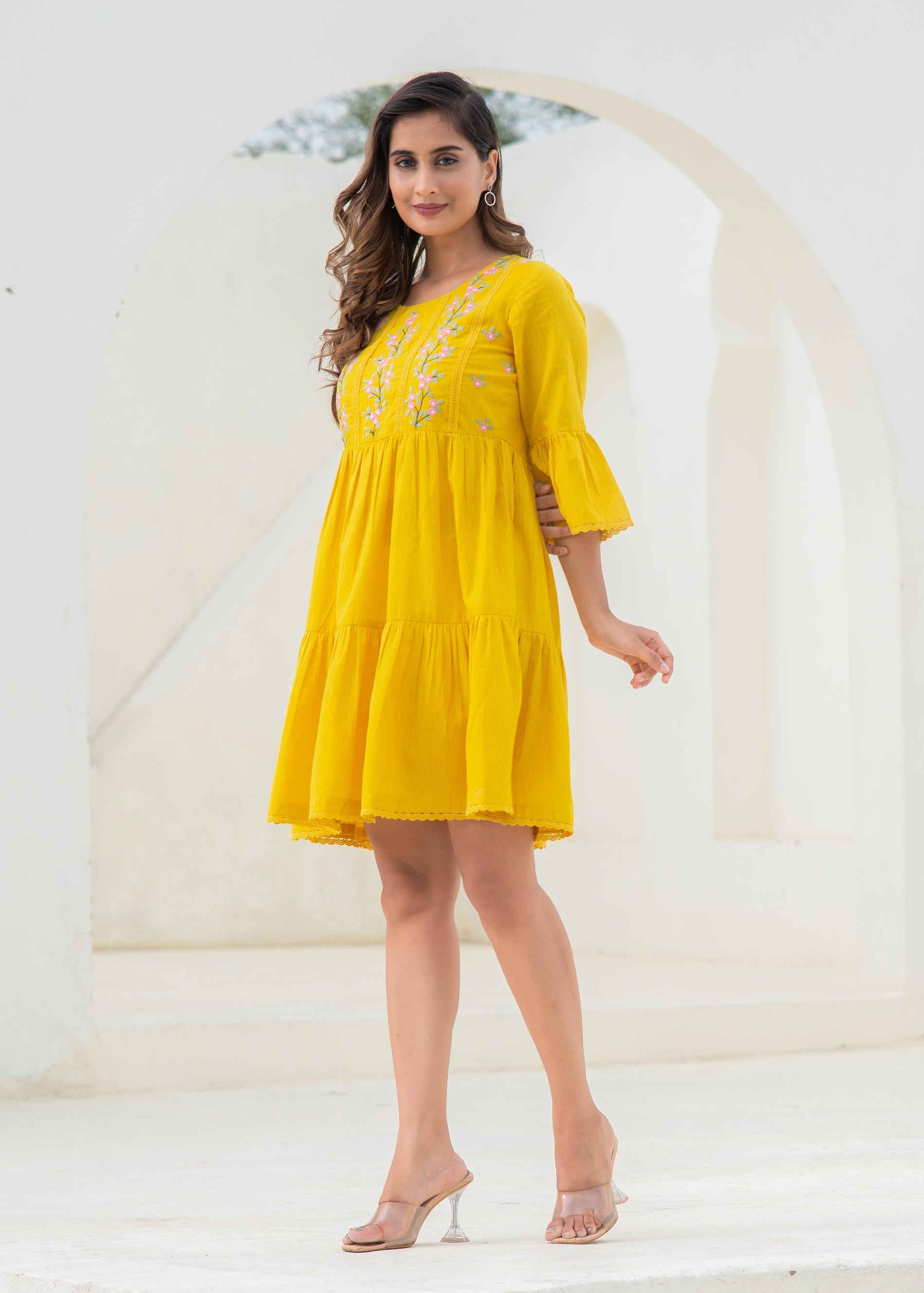 Mustard Embroidered Cotton Tiered Dress – Mirror & Thread Work | DesiQ