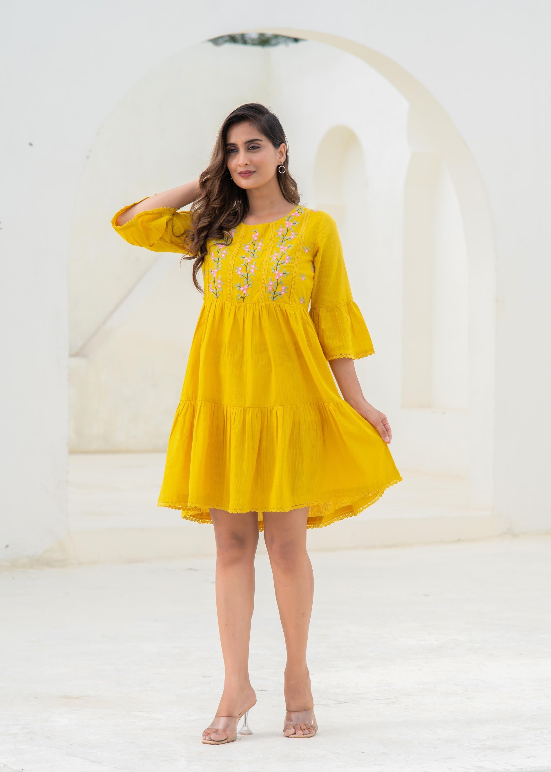 Mustard Embroidered Cotton Tiered Dress – Mirror & Thread Work | DesiQ