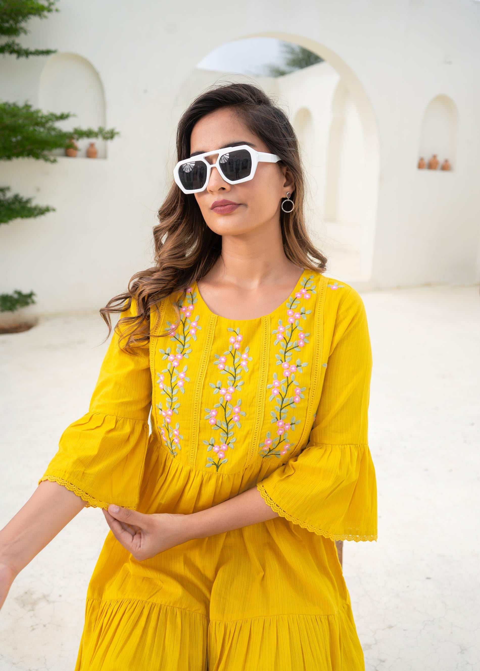 Mustard Embroidered Cotton Tiered Dress – Mirror & Thread Work | DesiQ
