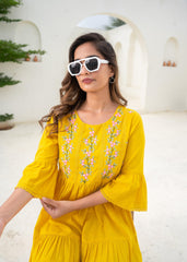 Mustard Embroidered Cotton Tiered Dress – Mirror & Thread Work