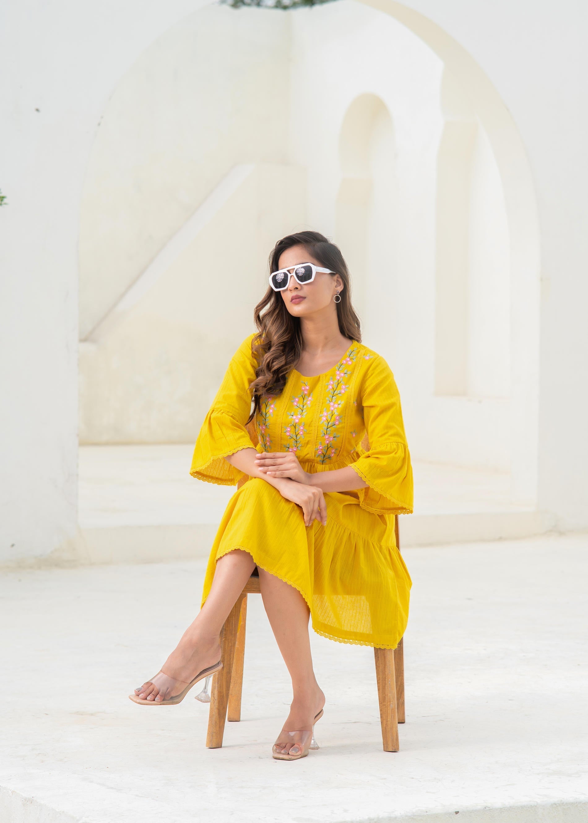 Mustard Embroidered Cotton Tiered Dress – Mirror & Thread Work | DesiQ
