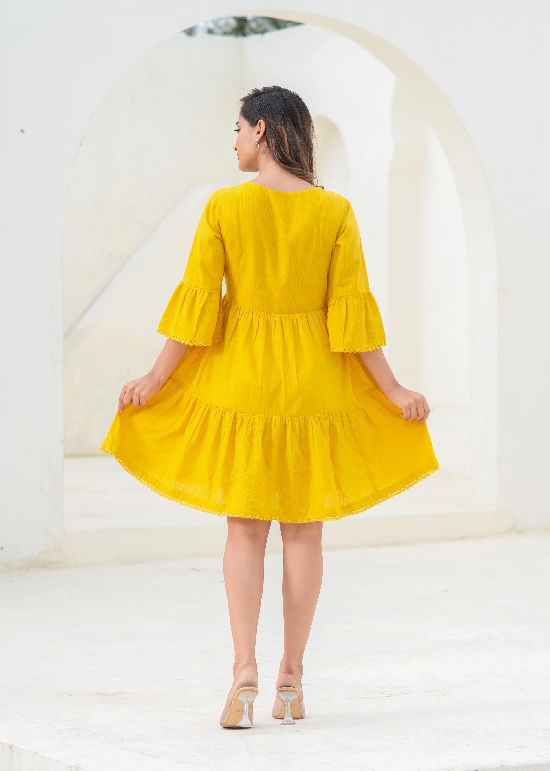 Mustard Embroidered Cotton Tiered Dress – Mirror & Thread Work | DesiQ