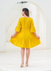 Mustard Embroidered Cotton Tiered Dress – Mirror & Thread Work