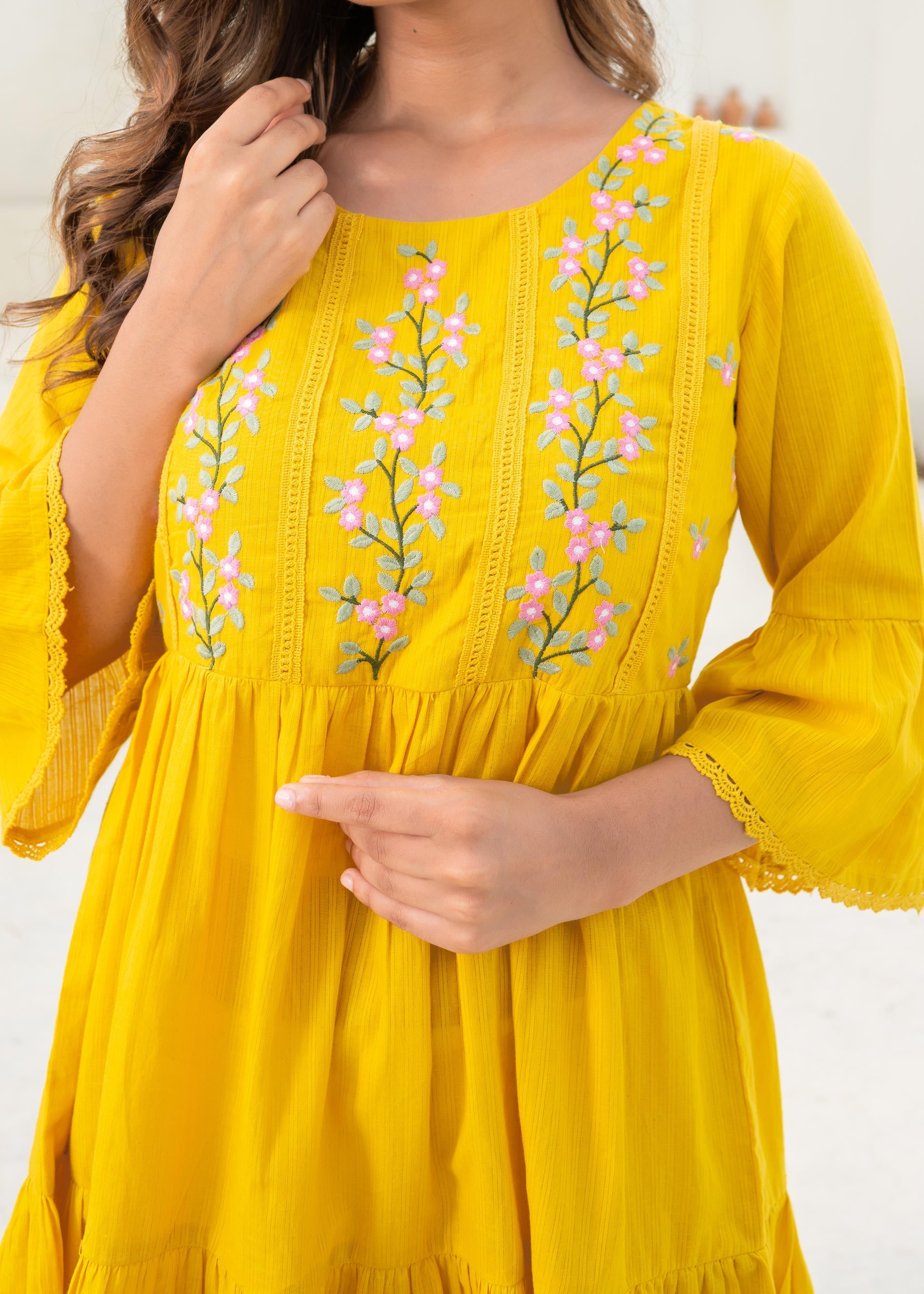 Mustard Embroidered Cotton Tiered Dress – Mirror & Thread Work | DesiQ