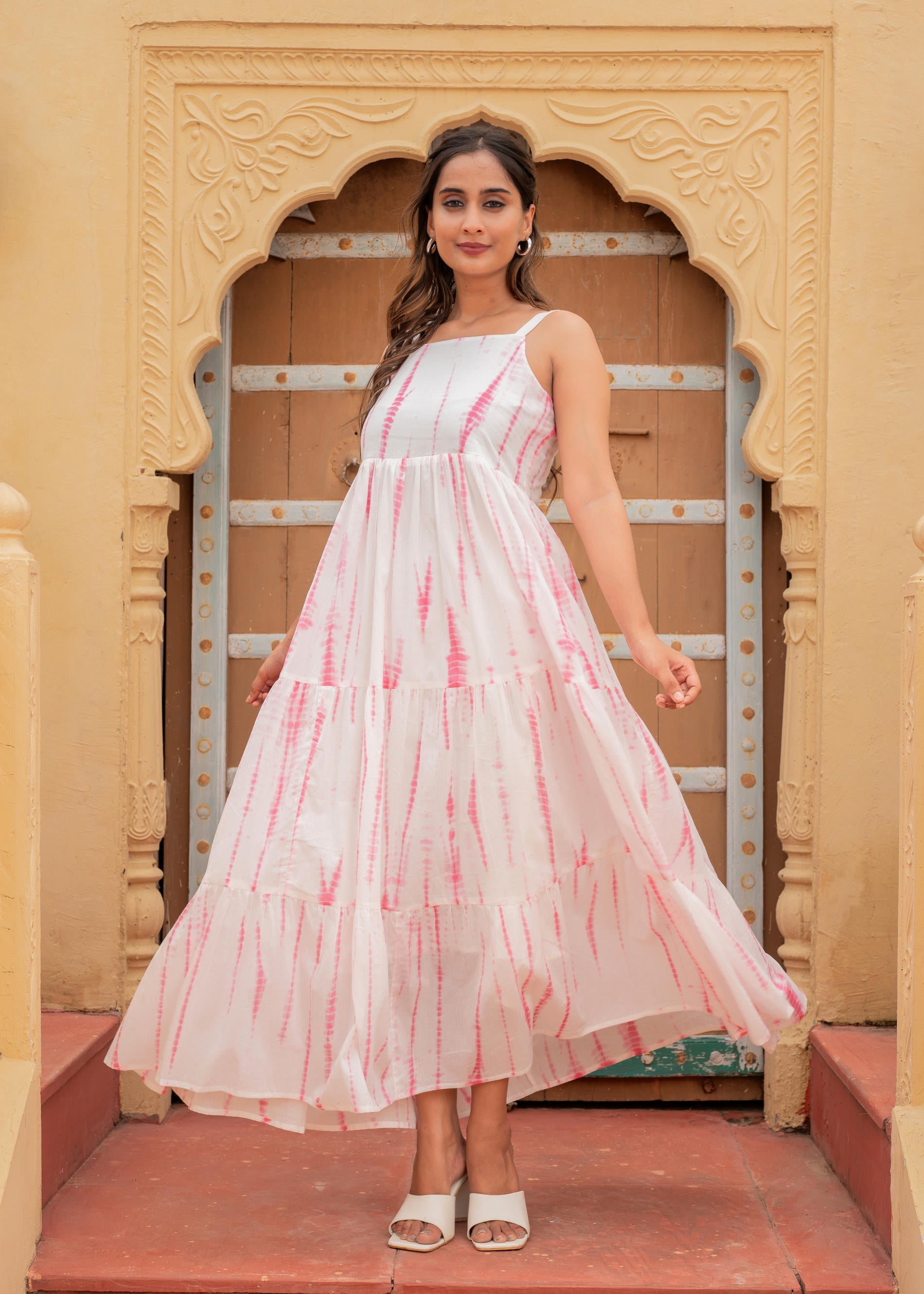 Women's Pink & White Tie-Dye Tiered Cotton Long Dress | DesiQlo