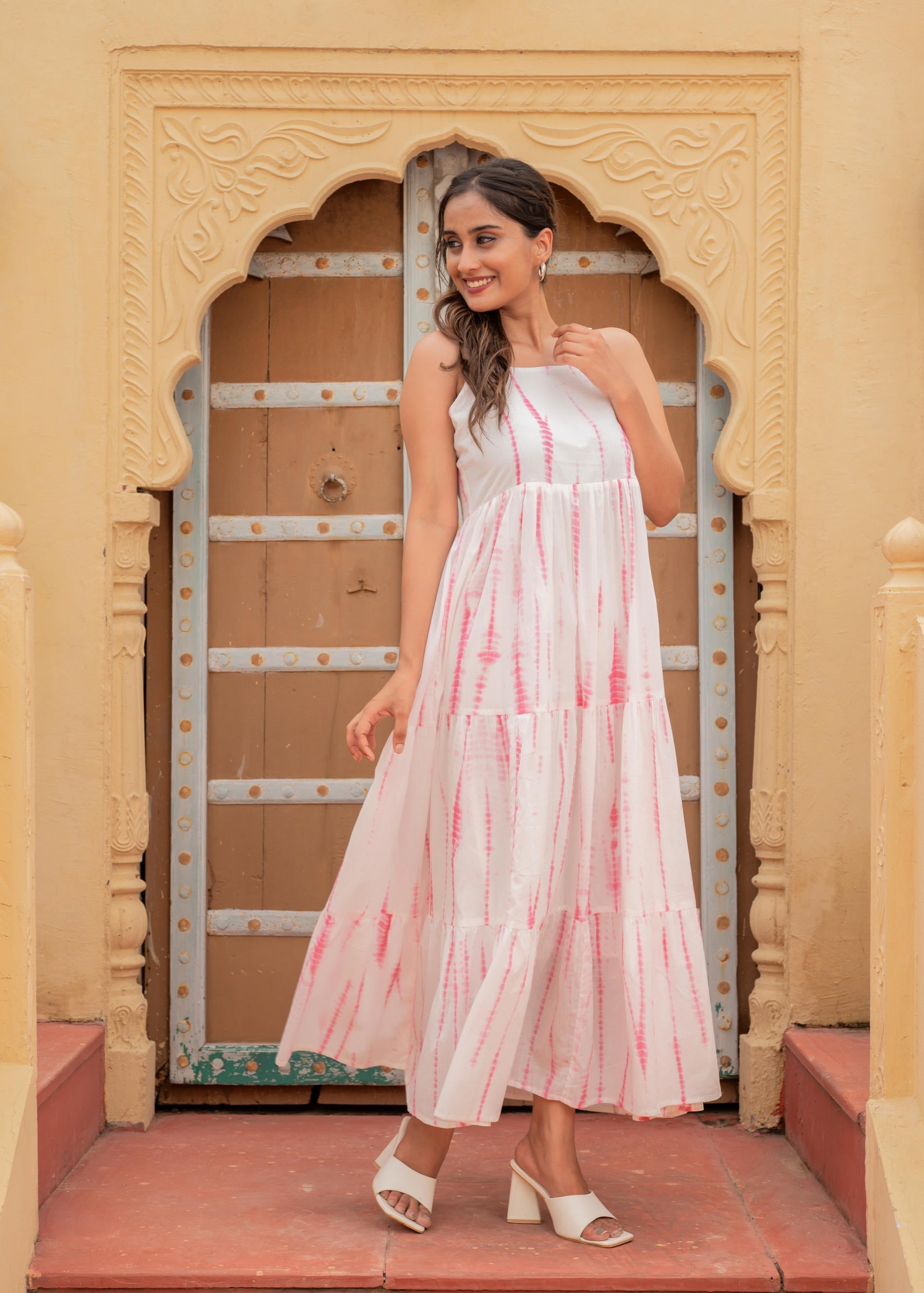 Women's Pink & White Tie-Dye Tiered Cotton Long Dress | DesiQlo