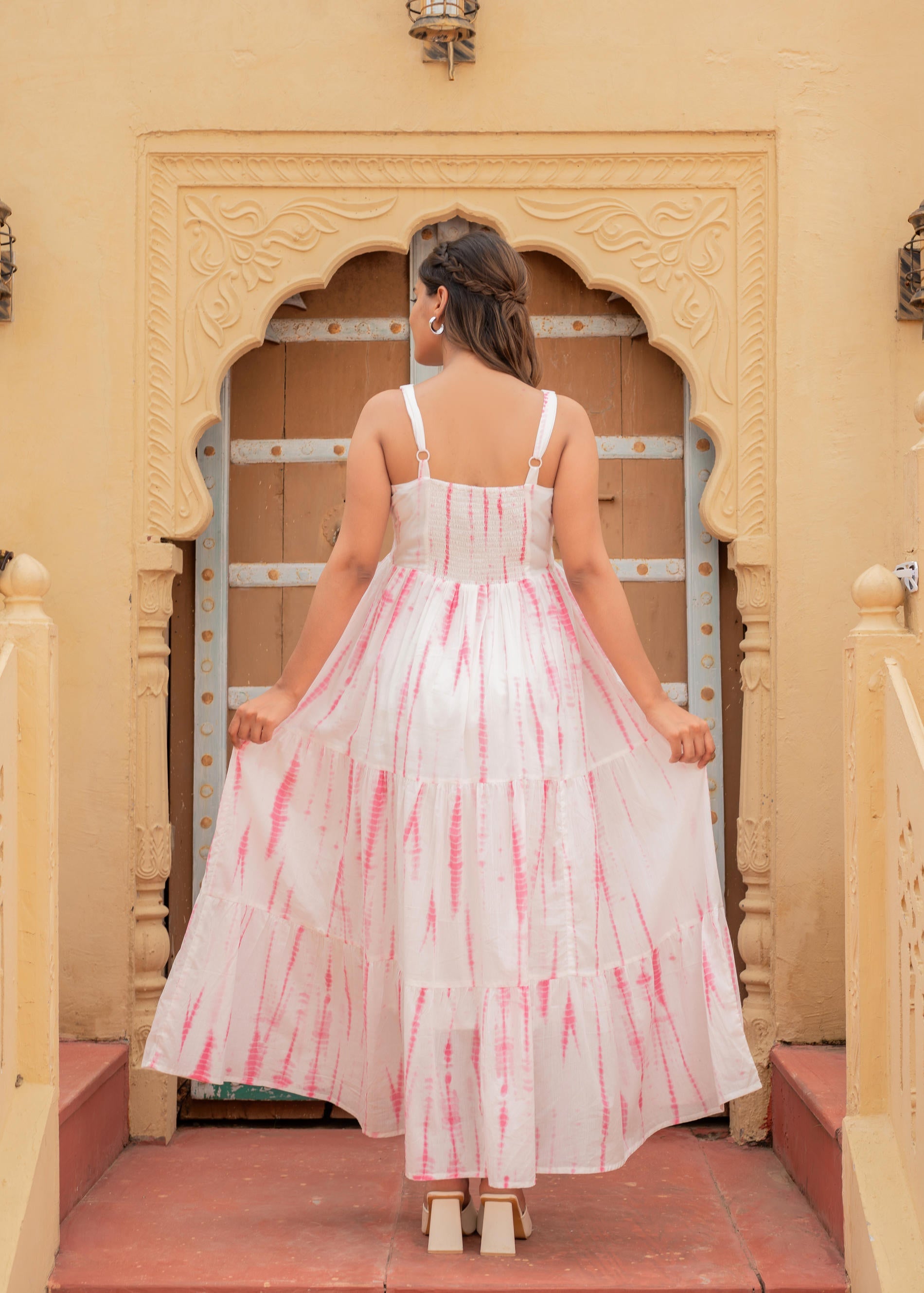 Women's Pink & White Tie-Dye Tiered Cotton Long Dress | DesiQlo
