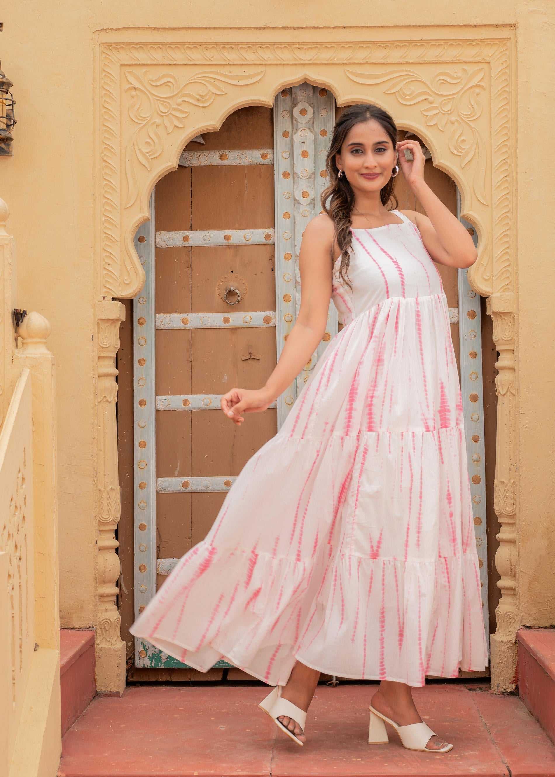 Women's Pink & White Tie-Dye Tiered Cotton Long Dress | DesiQlo