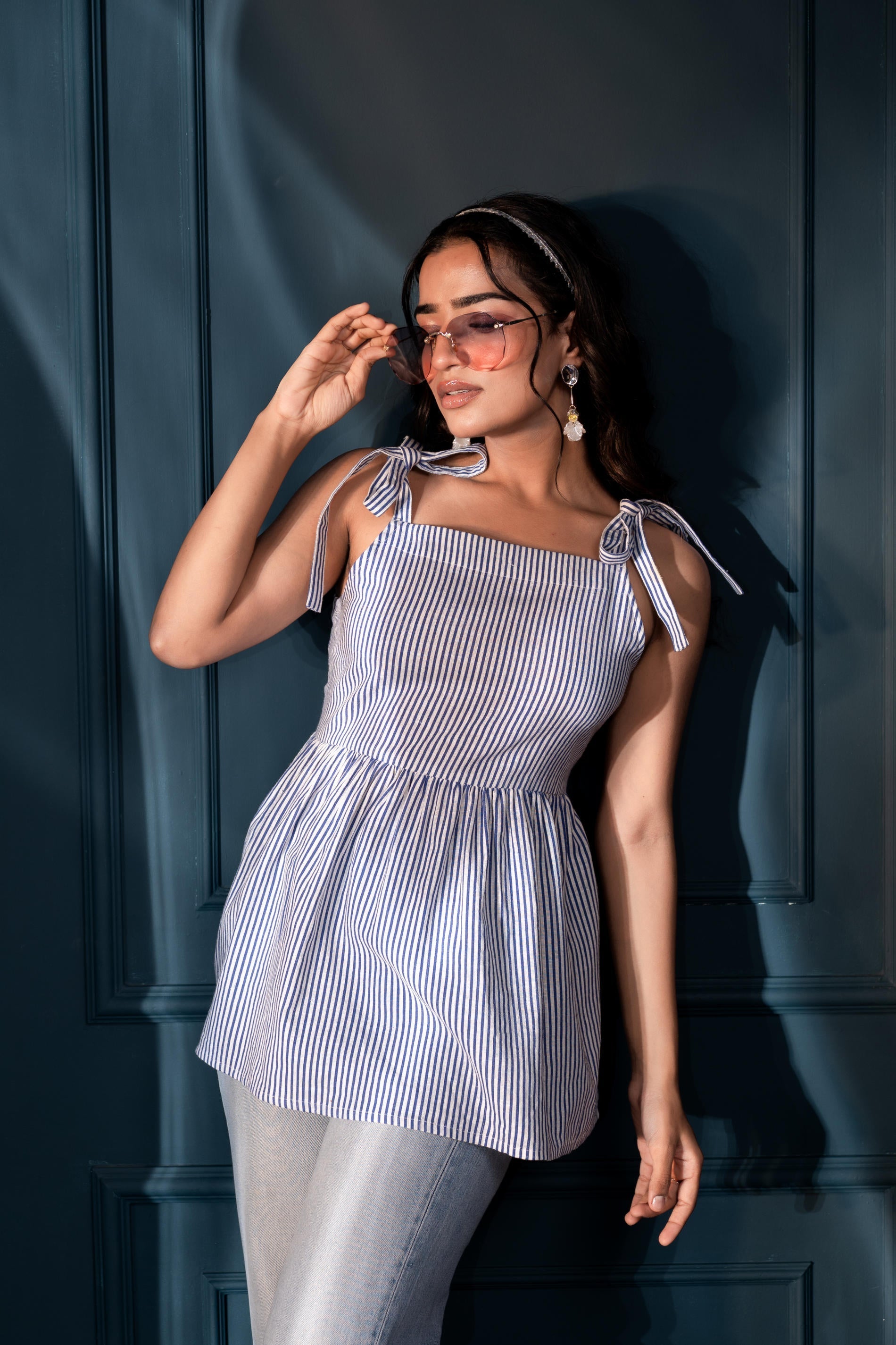 Women's Blue & White Striped Flared Cotton Top | DesiQlo
