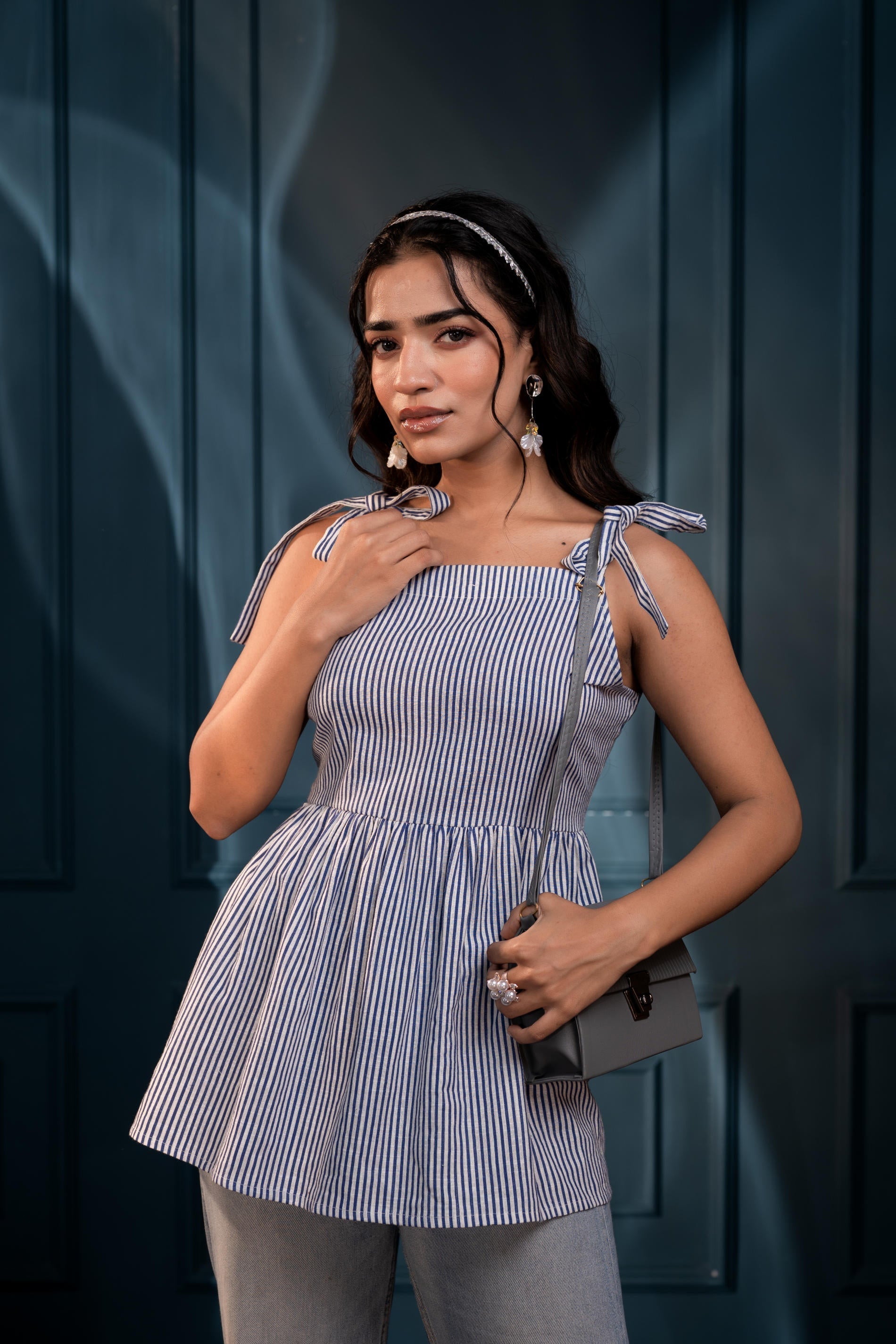 Women's Blue & White Striped Flared Cotton Top | DesiQlo