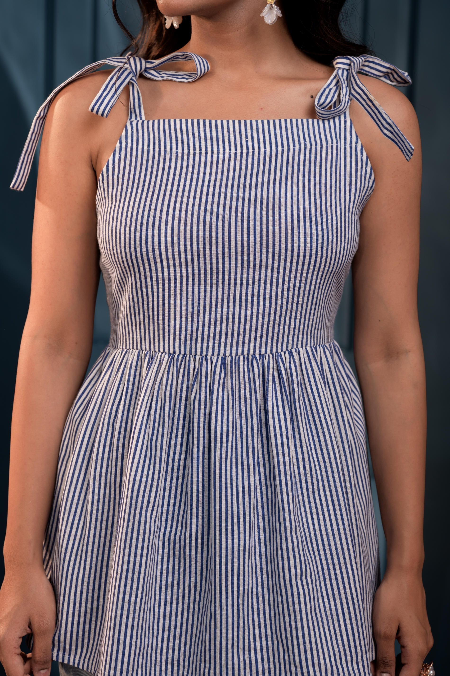Women's Blue & White Striped Flared Cotton Top | DesiQlo