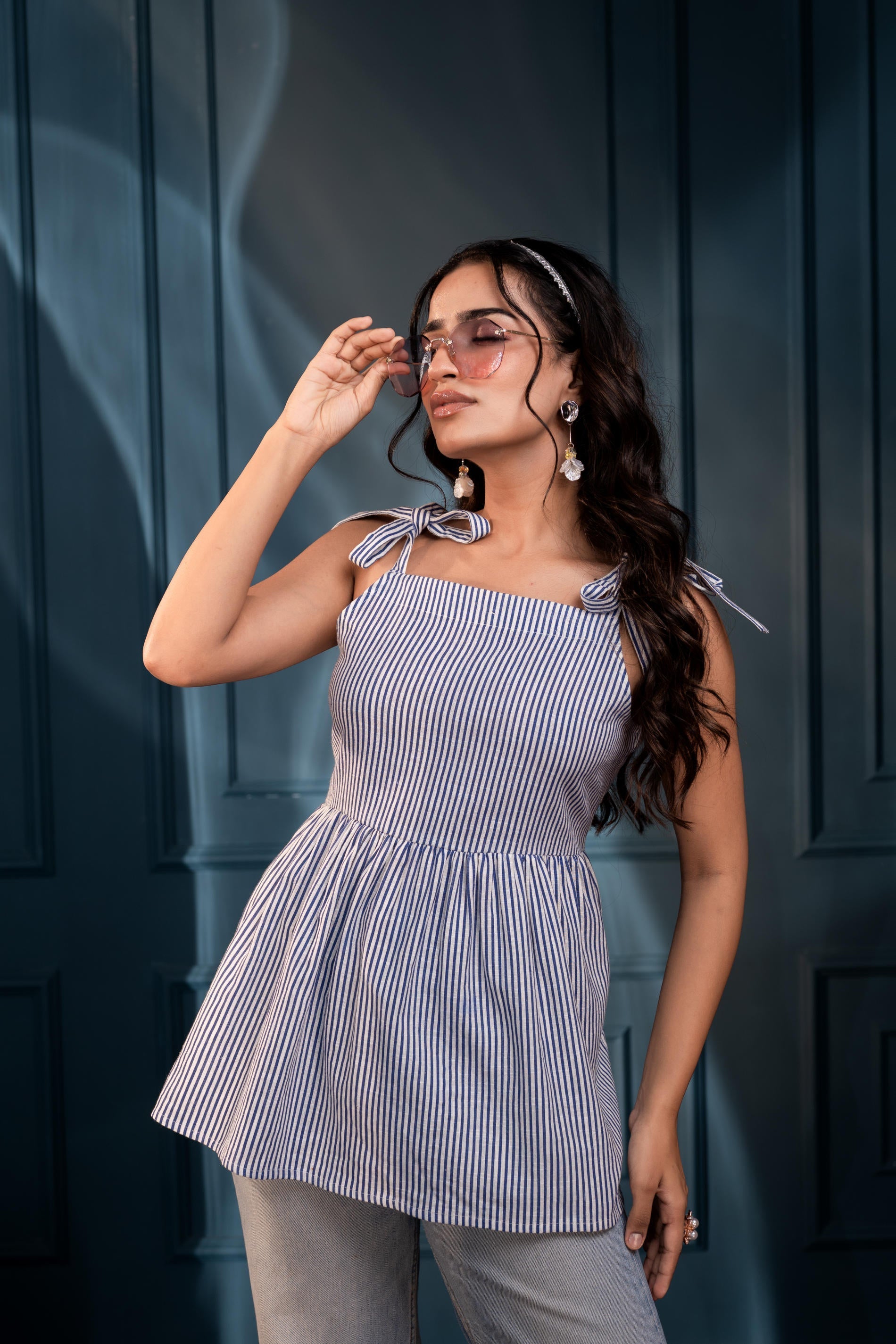 Women's Blue & White Striped Flared Cotton Top | DesiQlo