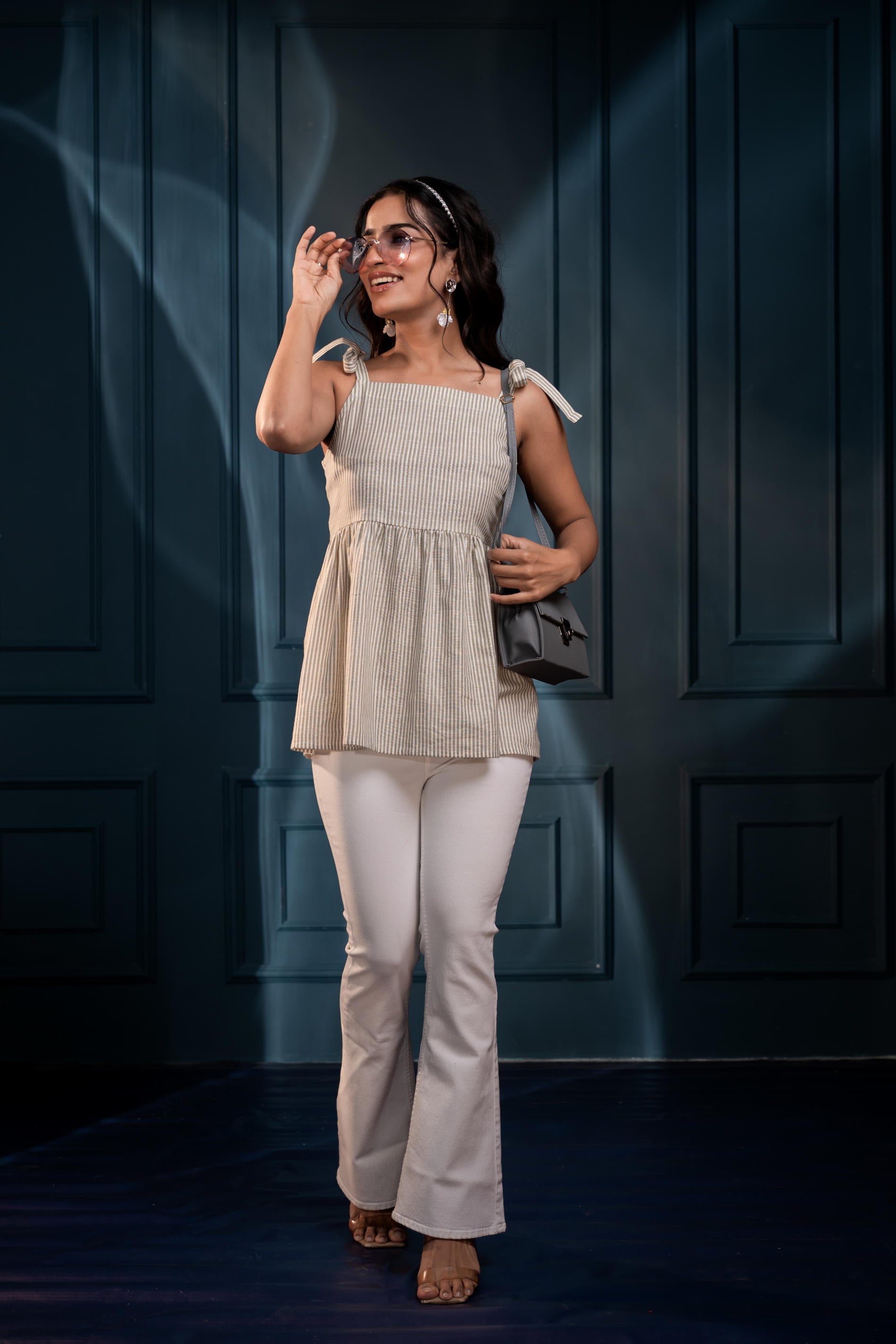 Women's Sage Green Striped Flared Cotton Top | DesiQlo