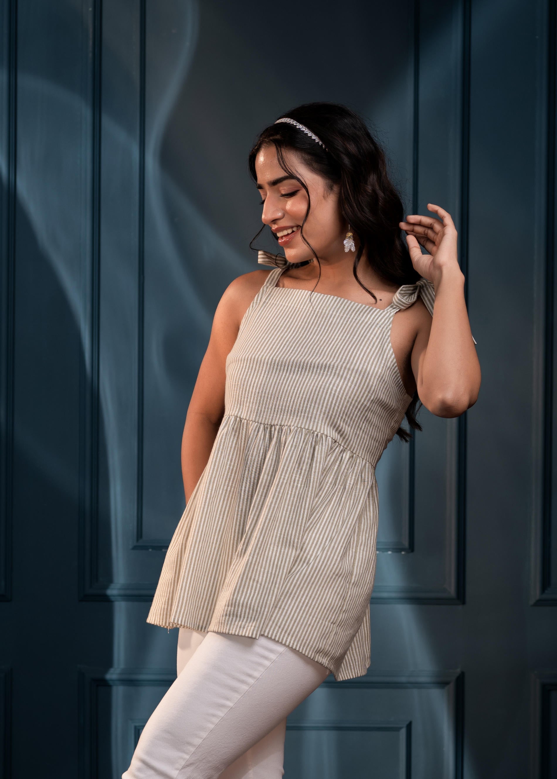 Women's Sage Green Striped Flared Cotton Top | DesiQlo