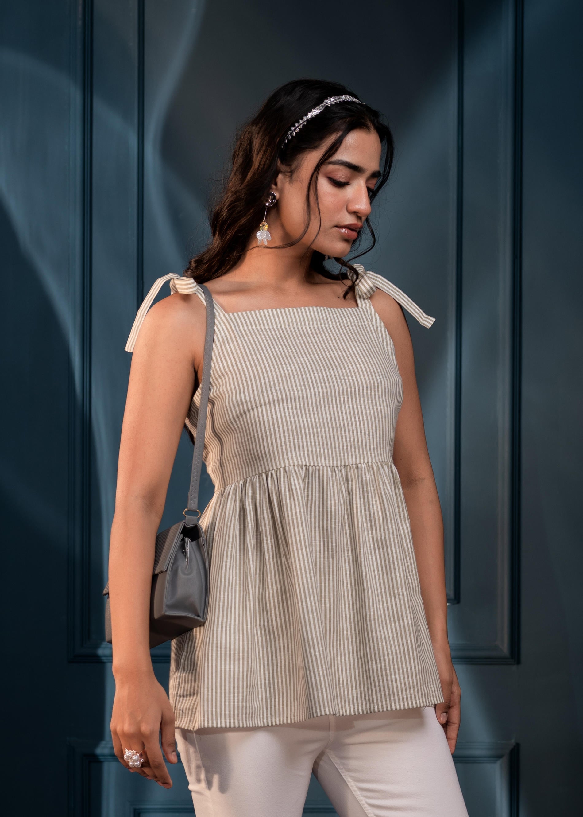 Women's Sage Green Striped Flared Cotton Top | DesiQlo