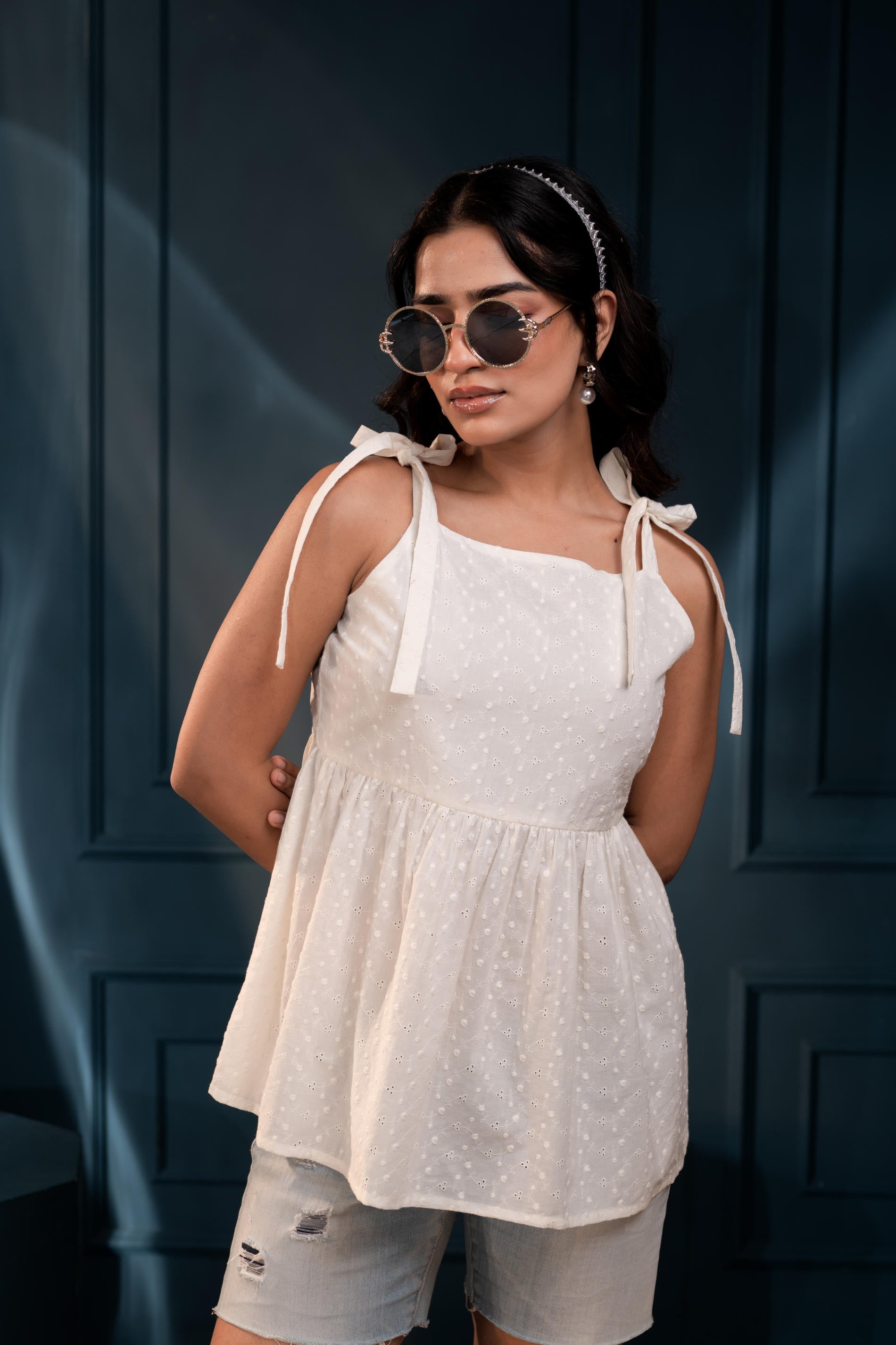 Women's Off-White Embroidered Cotton Schiffli Top | DesiQlo