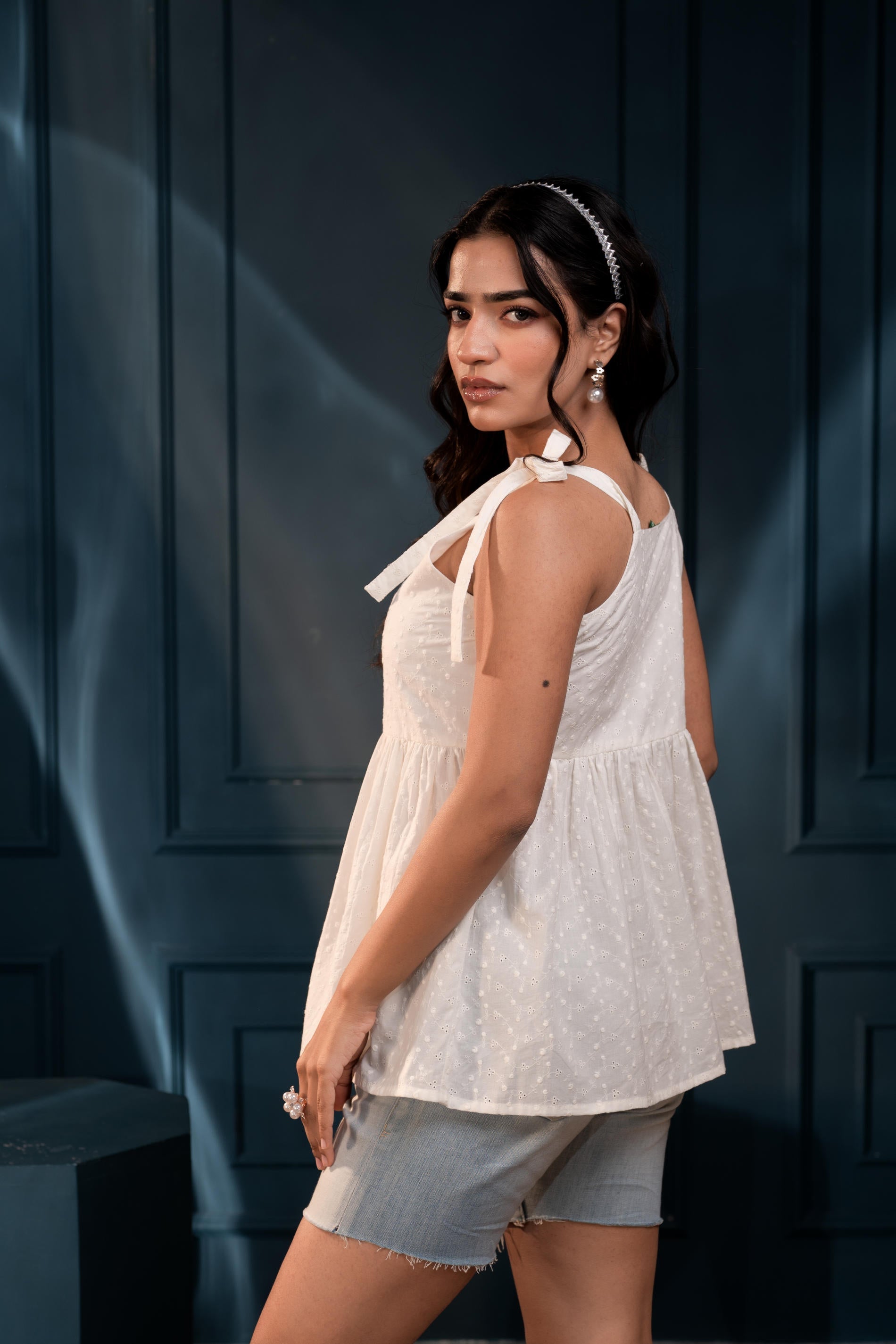 Women's Off-White Embroidered Cotton Schiffli Top | DesiQlo