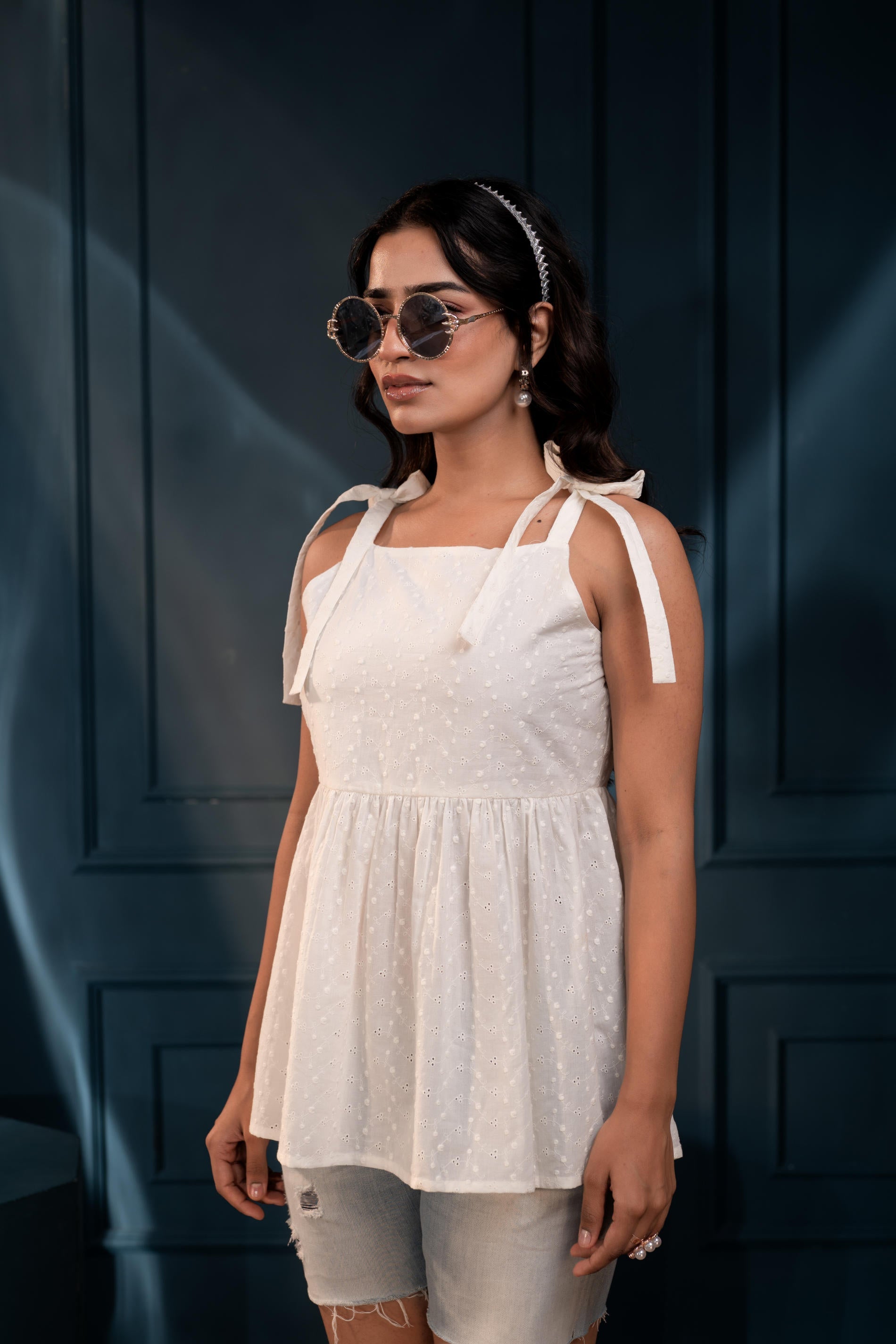 Women's Off-White Embroidered Cotton Schiffli Top | DesiQlo