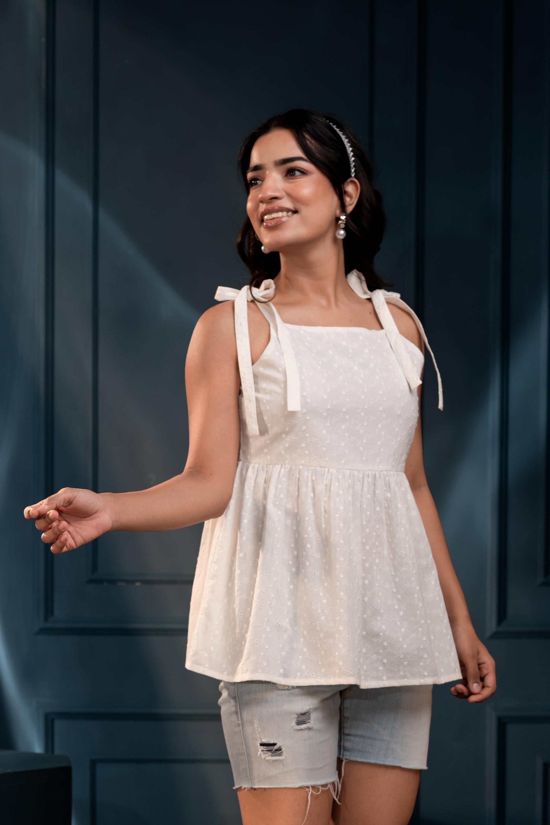 Women's Off-White Embroidered Cotton Schiffli Top | DesiQlo