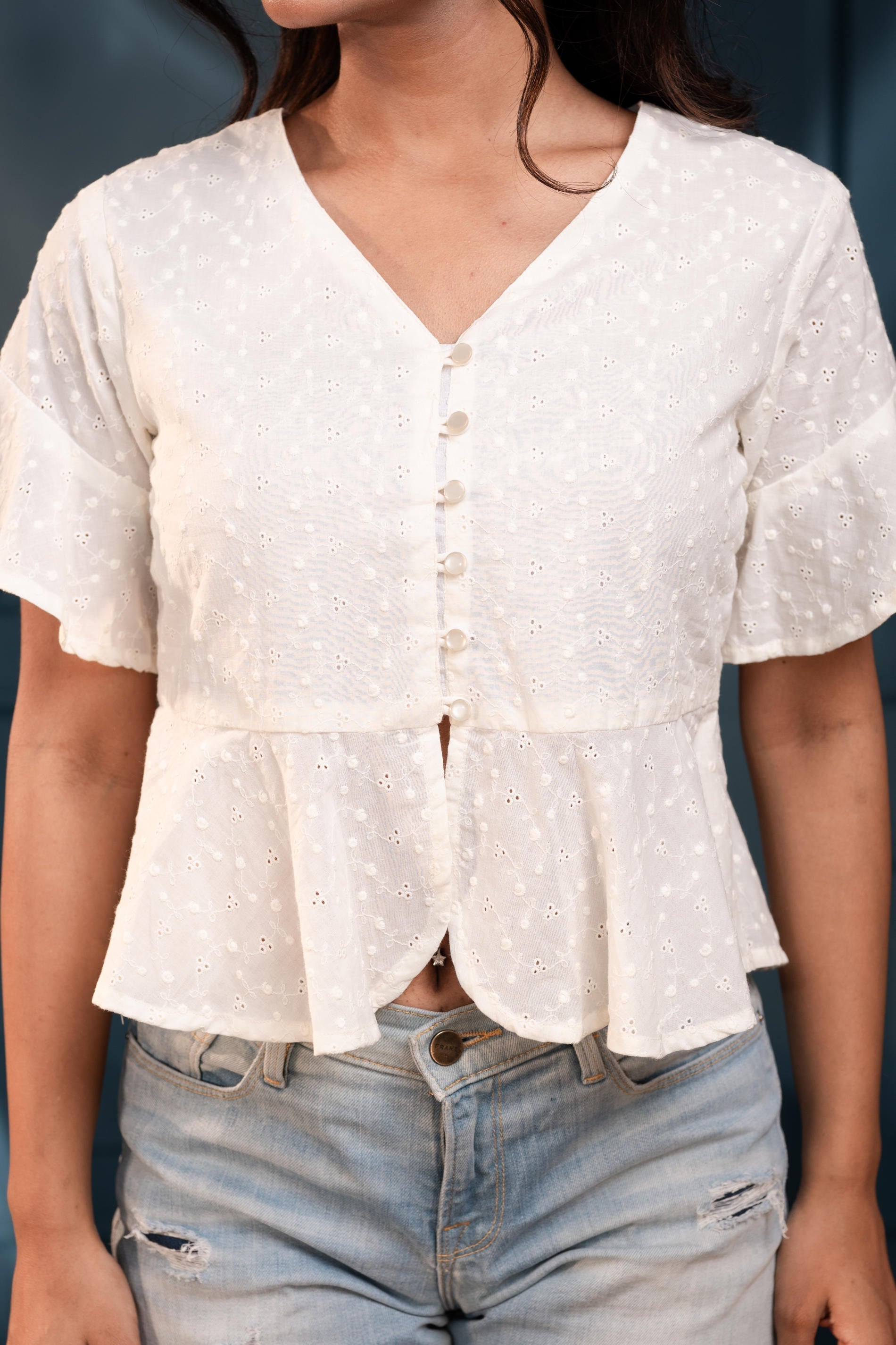 Women's Off-White Embroidered Cotton Top with Shiffli and Thread Work 