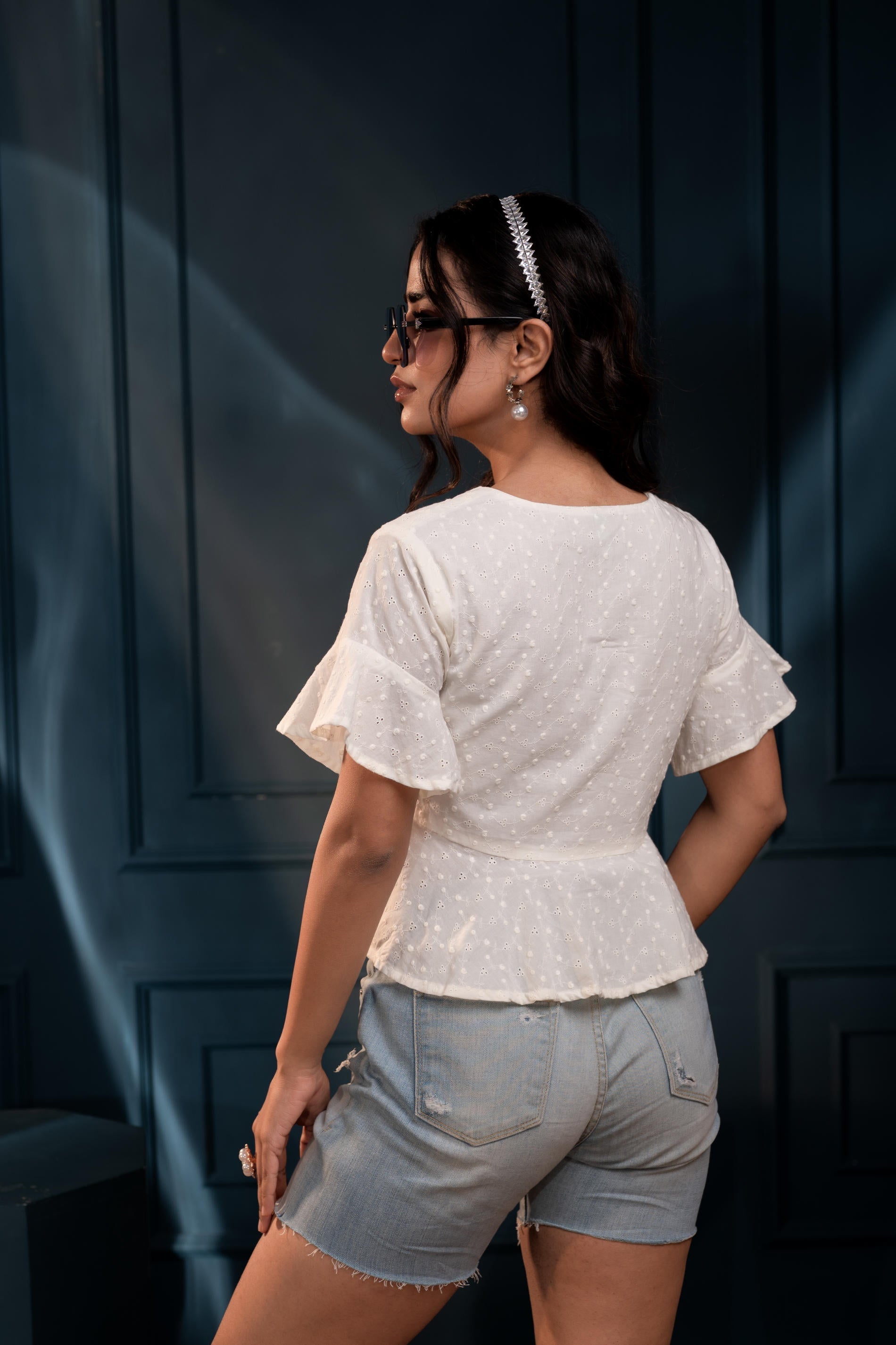 Women's Off-White Embroidered Cotton Top with Shiffli and Thread Work 
