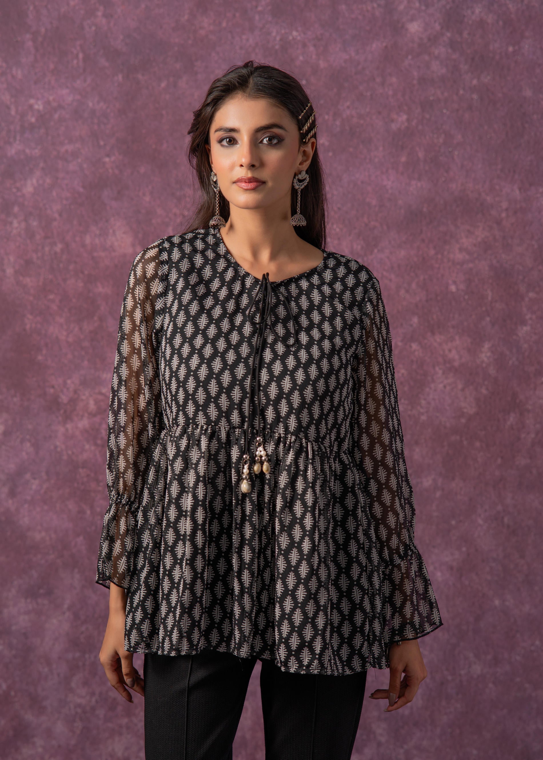 Women's Black & White Ethnic Motifs Tunic with Dori, Kaudi & Munga Det