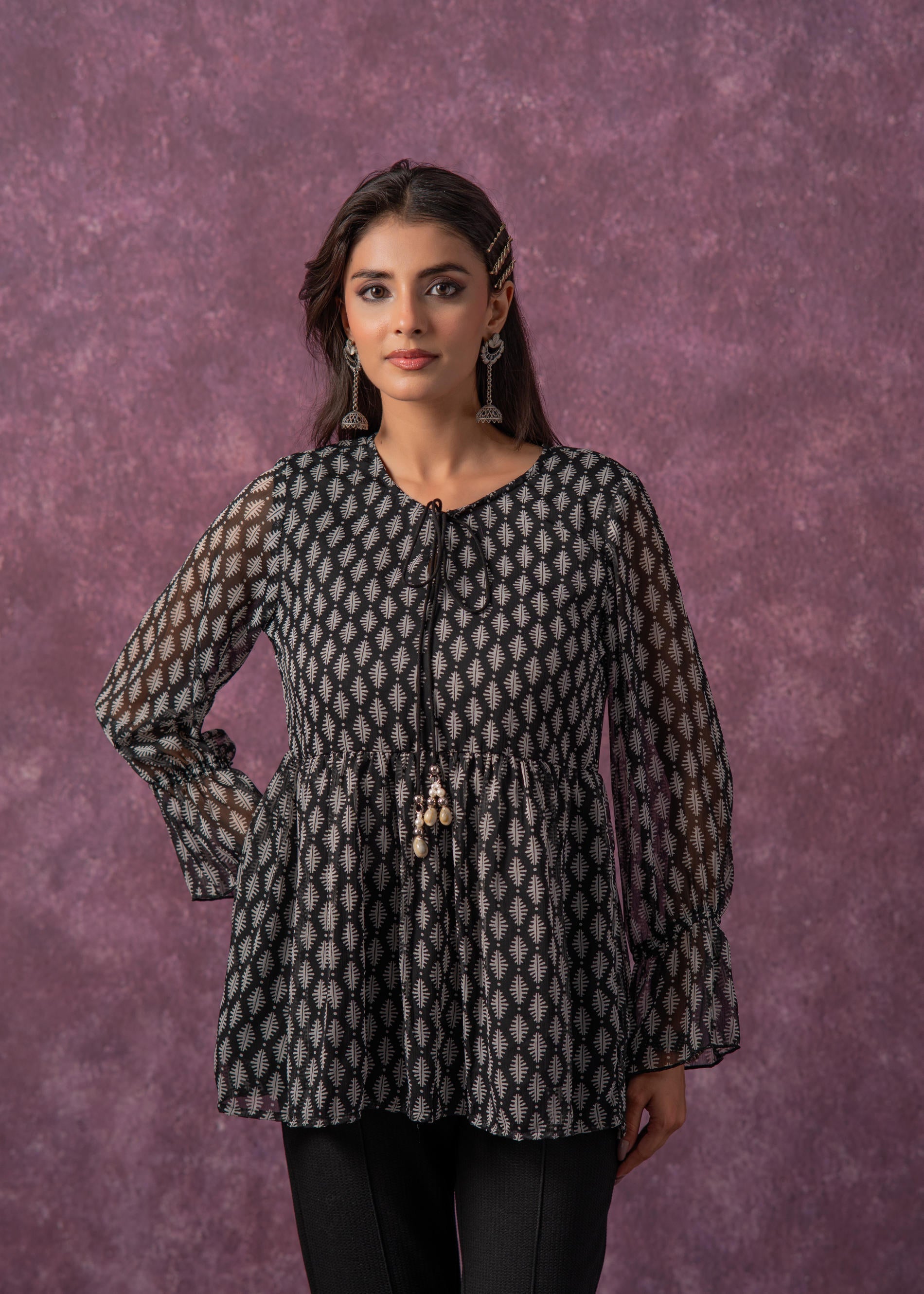 Women's Black & White Ethnic Motifs Tunic with Dori, Kaudi & Munga Det