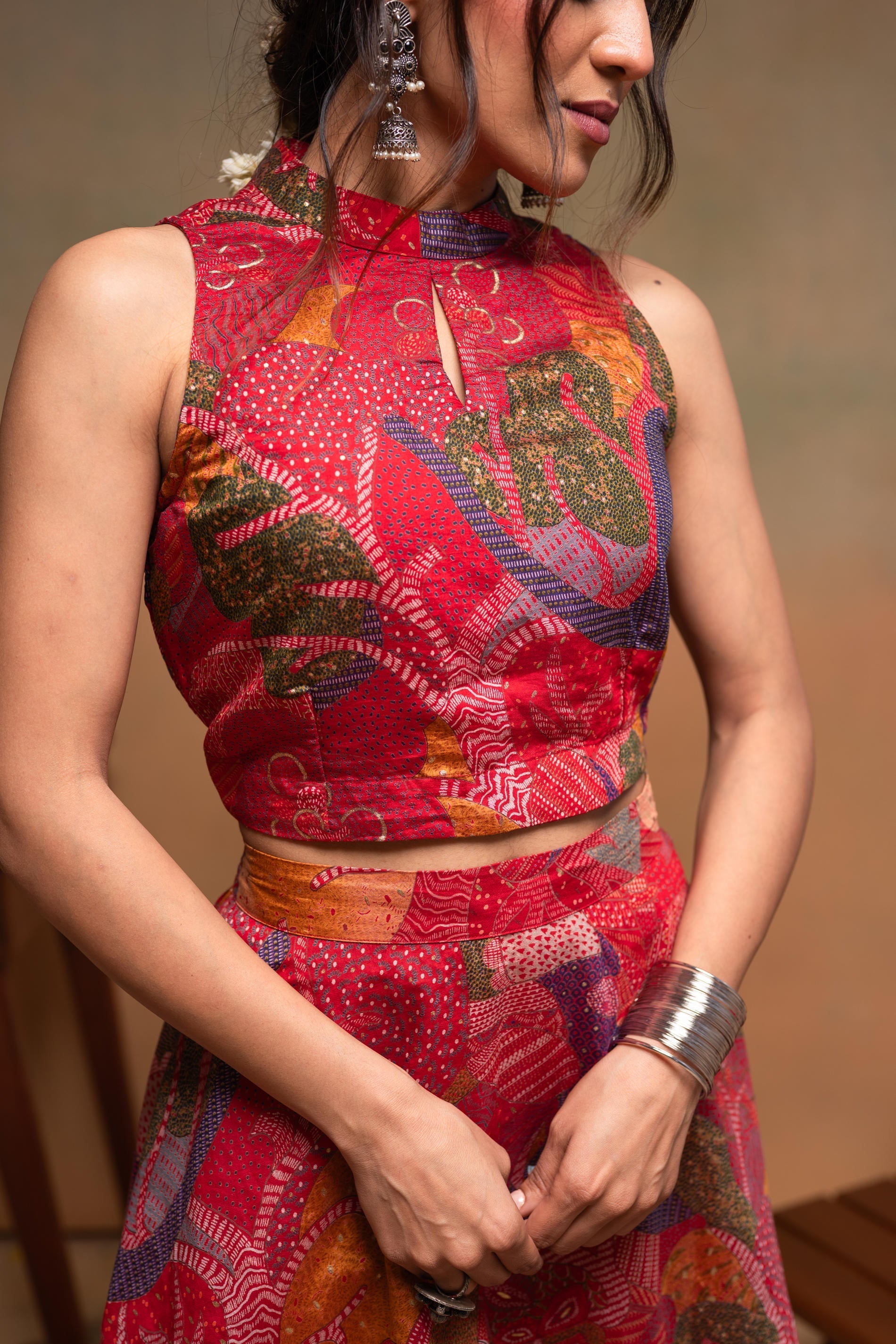 Women's Red Ethnic Motifs Co-ord Set with Turtle Neck Top & Flared Ski