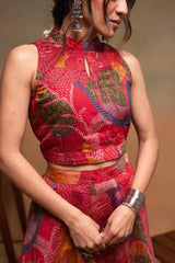 Women's Red Ethnic Motifs Co-ord Set with Turtle Neck Top & Flared Skirt
