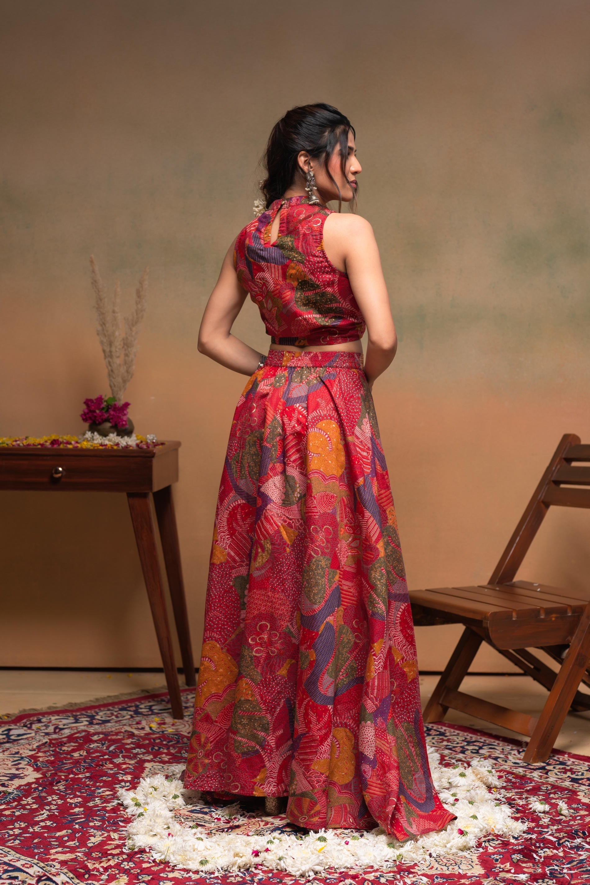 Women's Red Ethnic Motifs Co-ord Set with Turtle Neck Top & Flared Ski