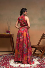 Women's Red Ethnic Motifs Co-ord Set with Turtle Neck Top & Flared Skirt